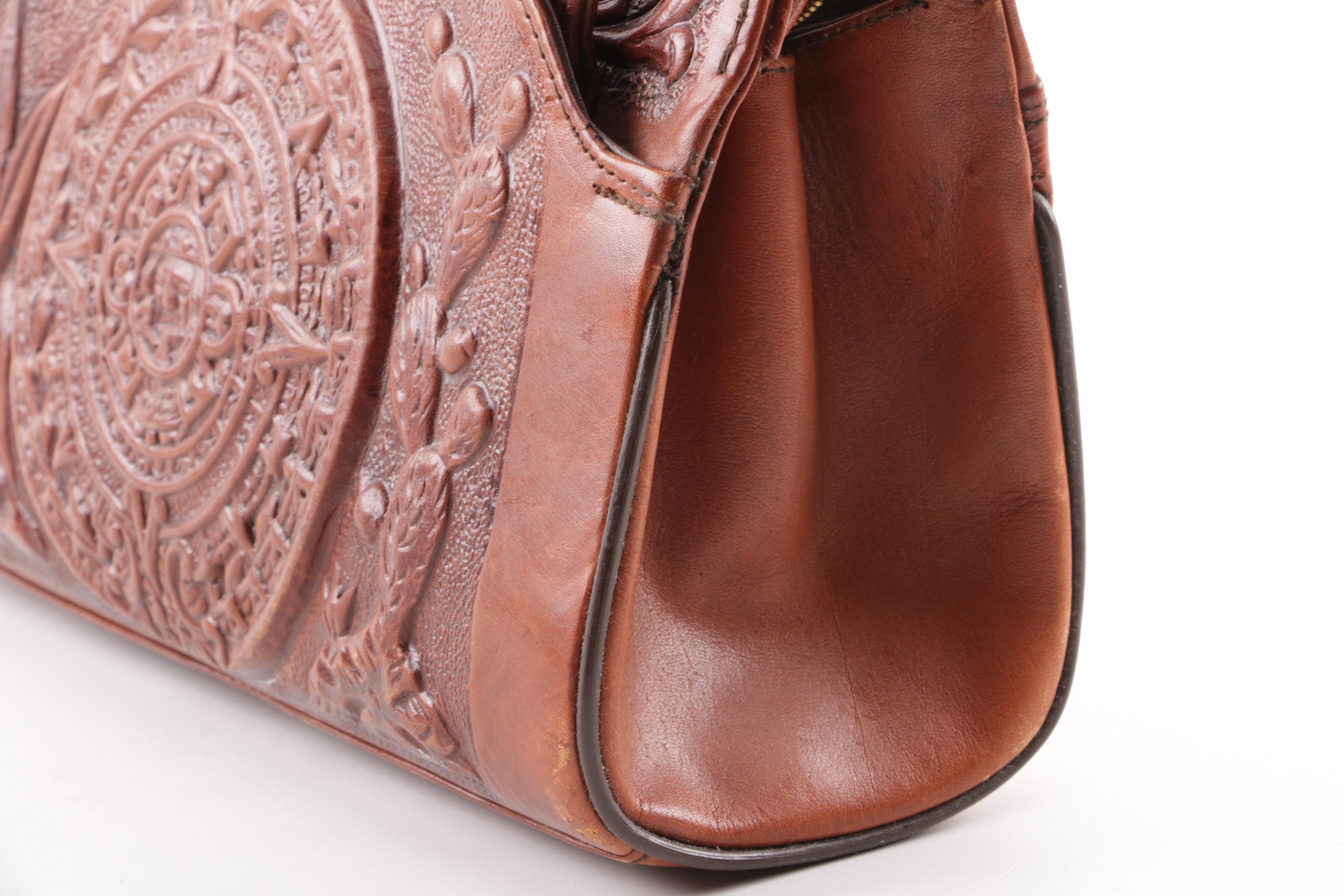 Circa 1970s Vintage Mont-Abur Tooled Leather Aztec Themed Handbag