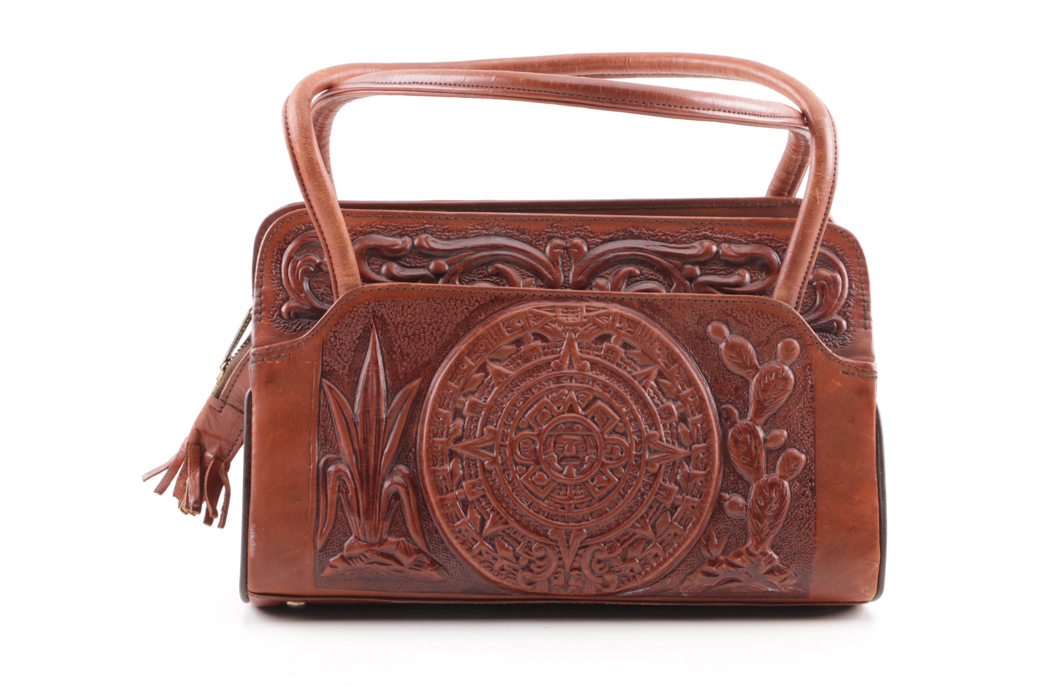 Circa 1970s Vintage Mont-Abur Tooled Leather Aztec Themed Handbag
