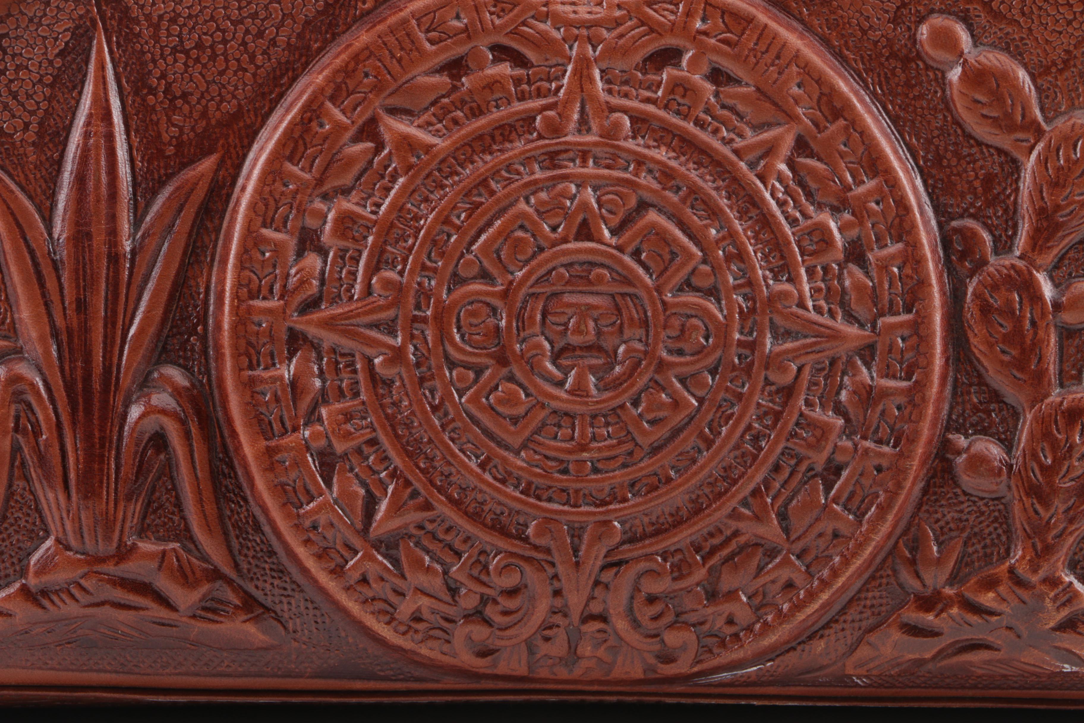 Circa 1970s Vintage Mont-Abur Tooled Leather Aztec Themed Handbag