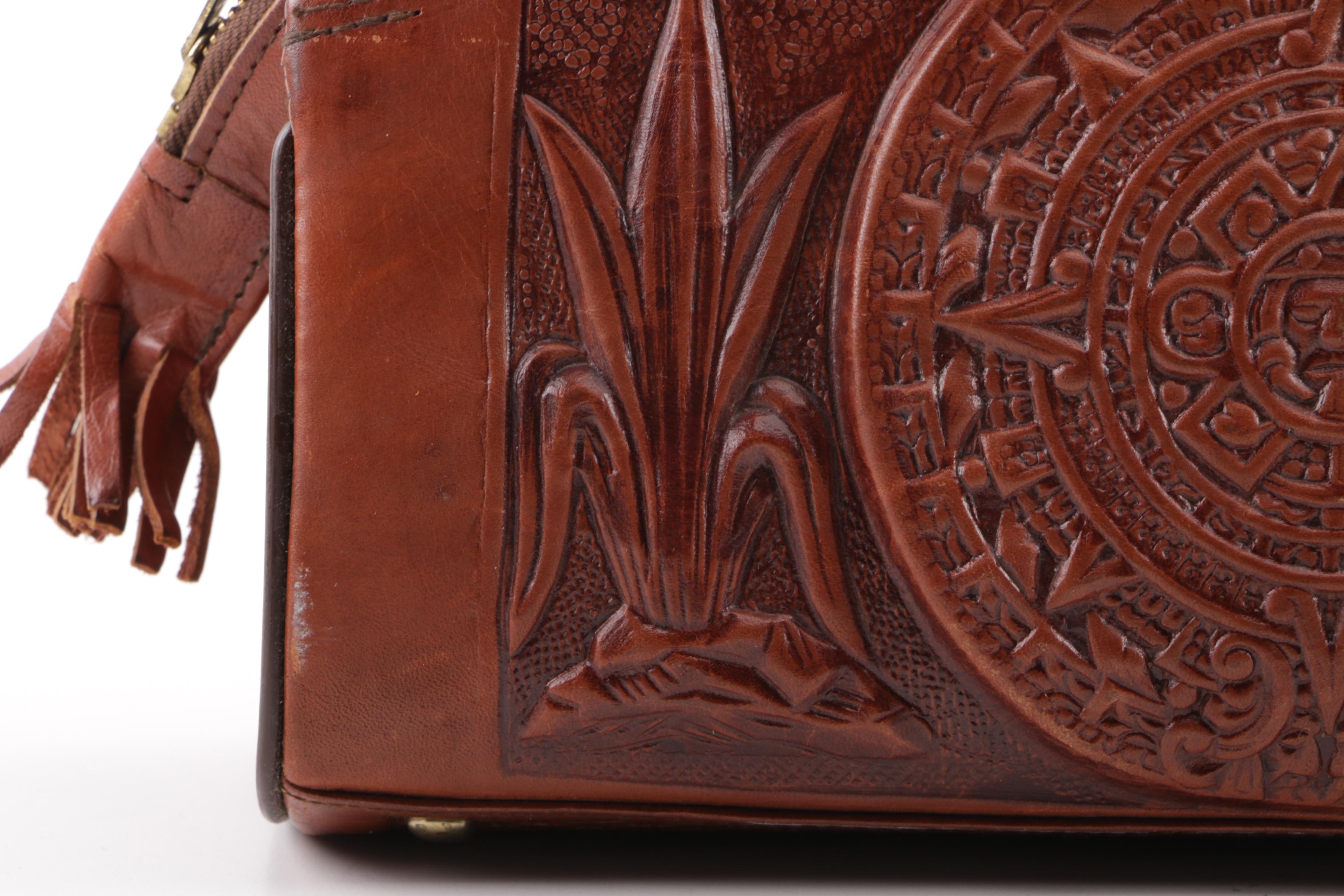 Circa 1970s Vintage Mont-Abur Tooled Leather Aztec Themed Handbag