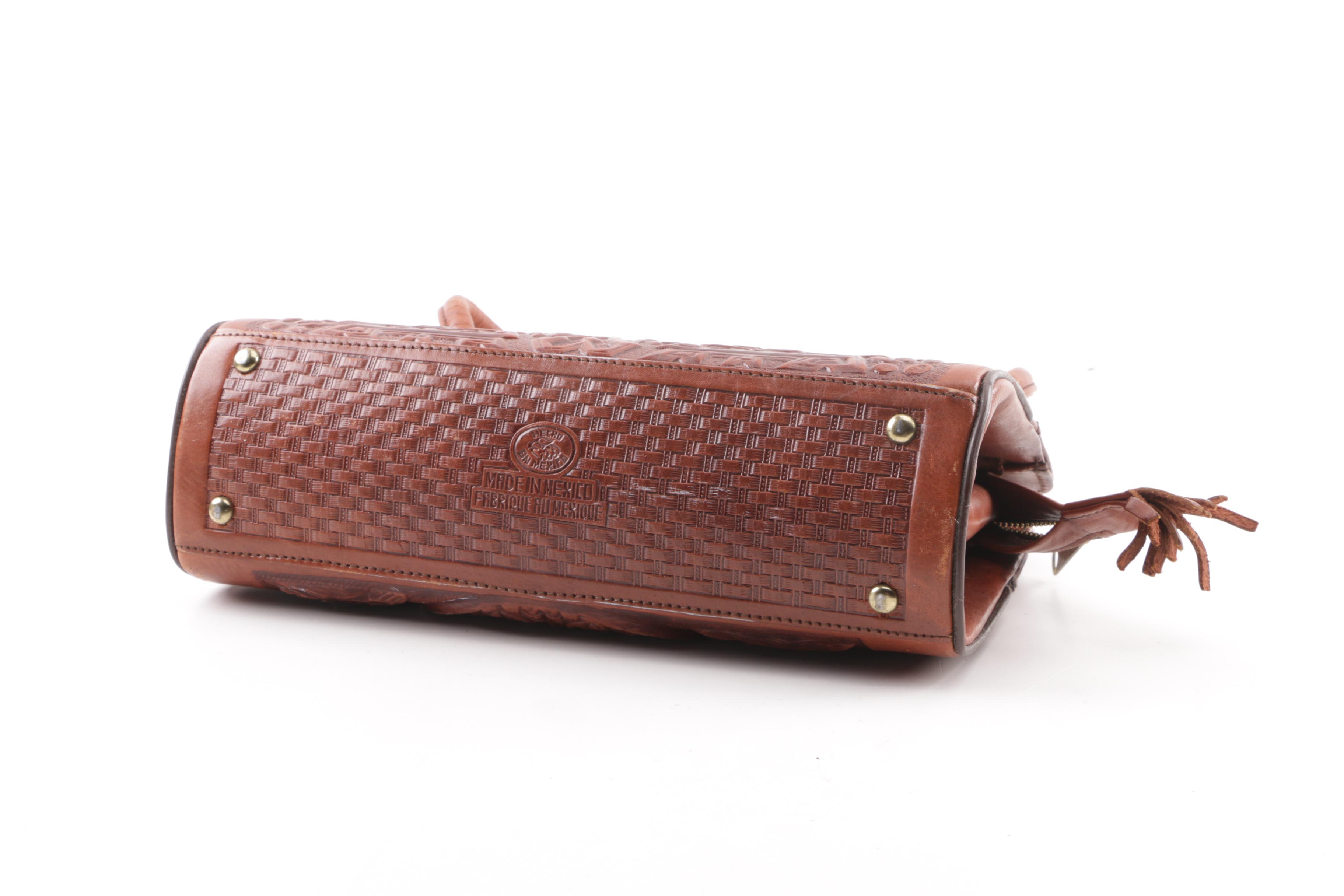 Circa 1970s Vintage Mont-Abur Tooled Leather Aztec Themed Handbag