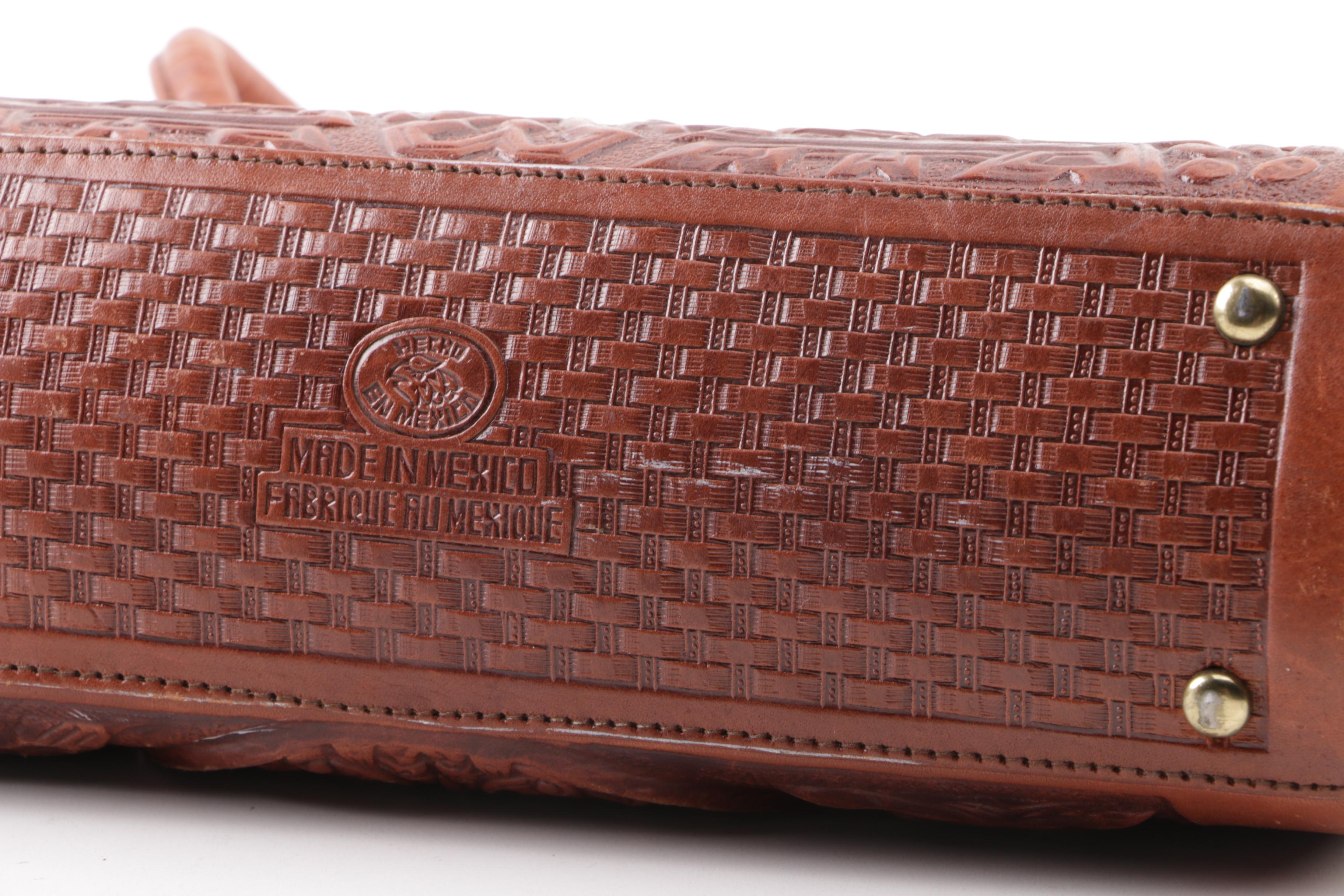 Circa 1970s Vintage Mont-Abur Tooled Leather Aztec Themed Handbag