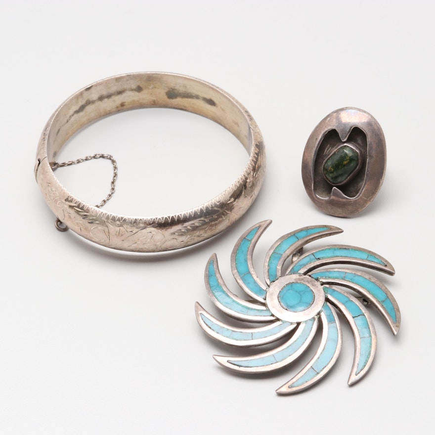 Sterling Silver Jewelry Selection Including Imitation and Green Turquoise