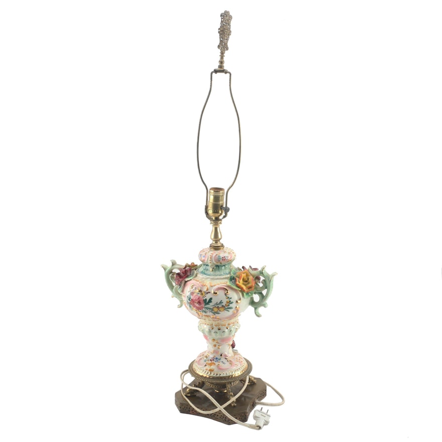 Hand-Painted Porcelain Urn Lamp in the Style of Capodimonte with Dolphin Feet