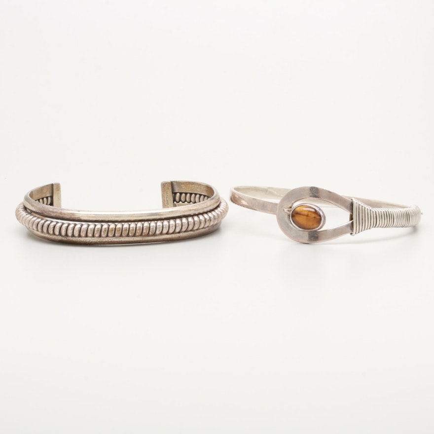 Sterling Silver Cuff and Bangle Bracelets Including Tiger's Eye