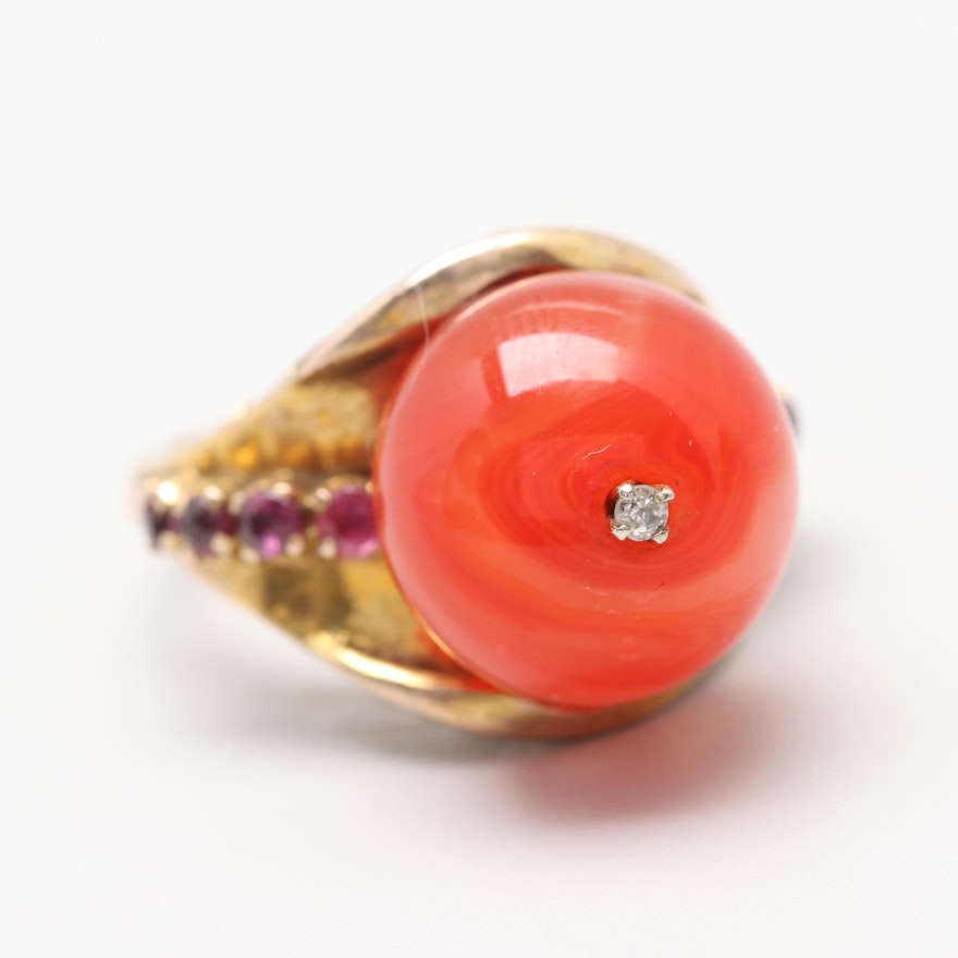 10K Yellow Gold Diamond, Agate, and Ruby Ring