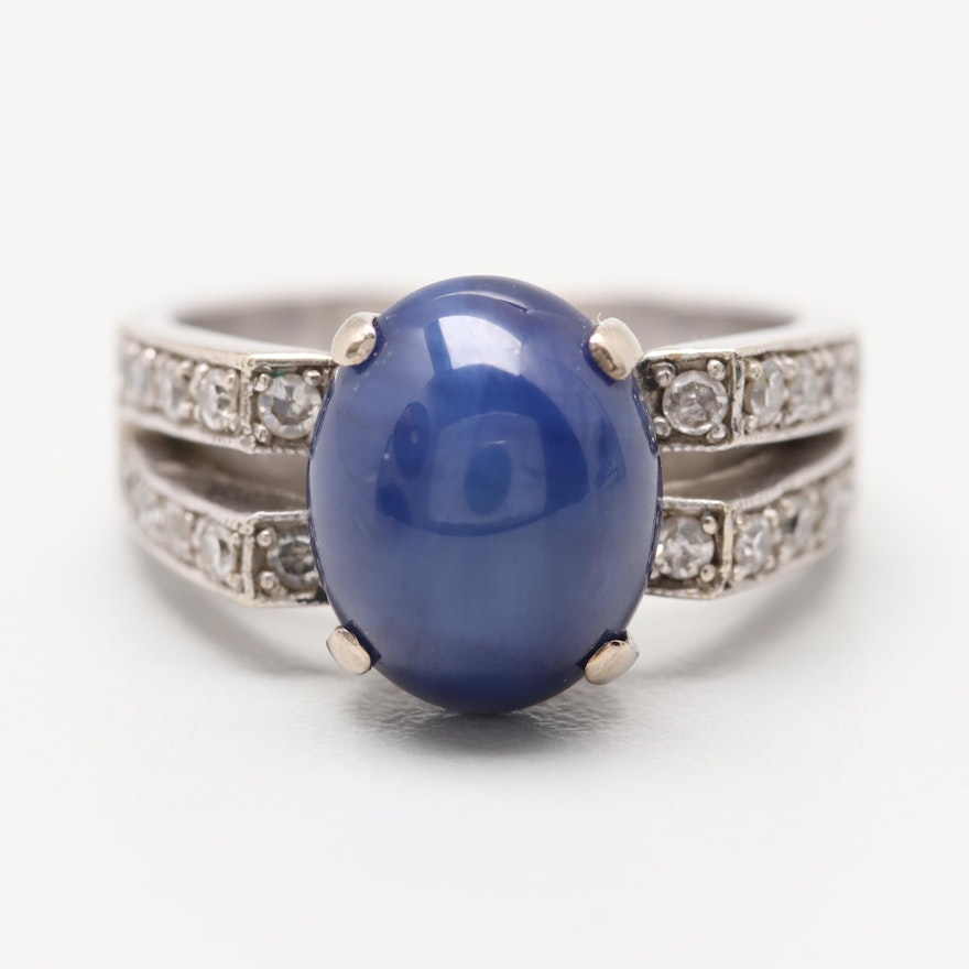 10K White Gold Synthetic Star Sapphire and Diamond Ring