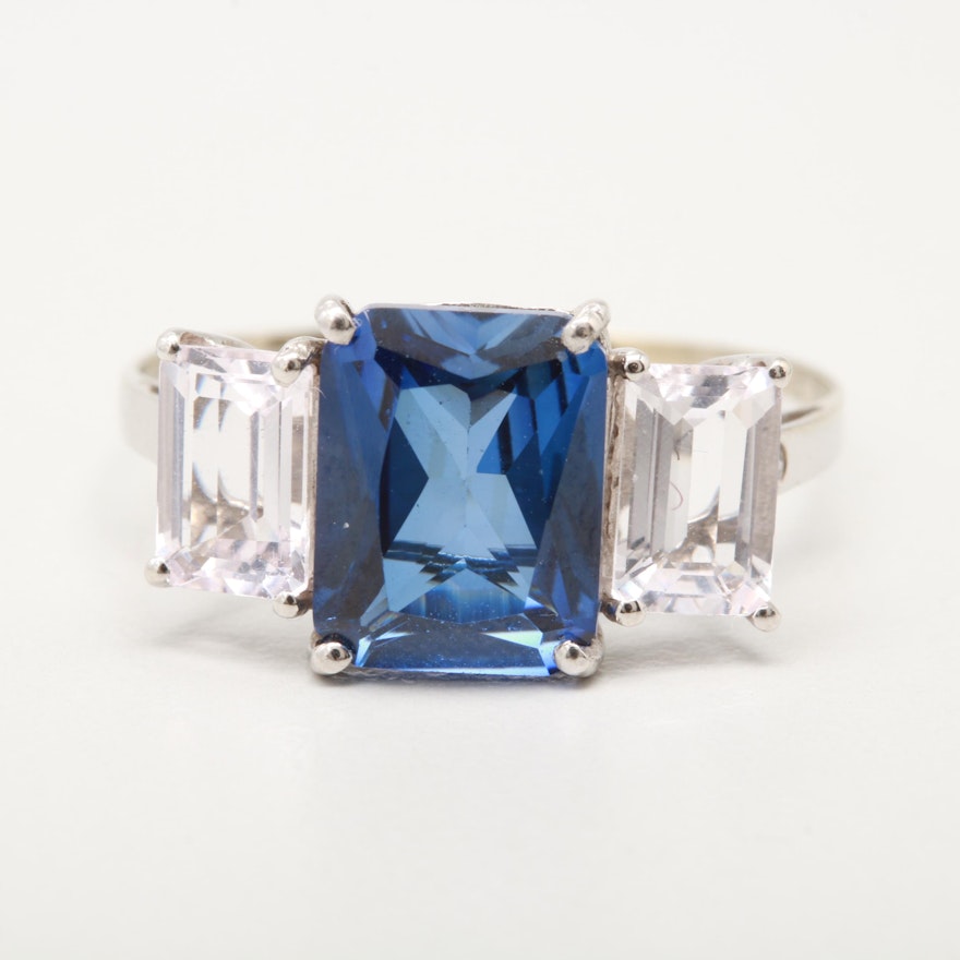 10K White Gold Sythnthetic Blue Sapphire and Cubic Zirconia Ring