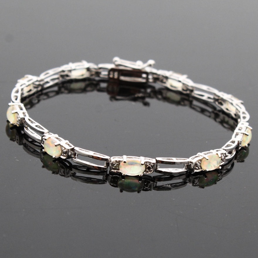 Sterling Silver Sun Opal and Diamond Bracelet