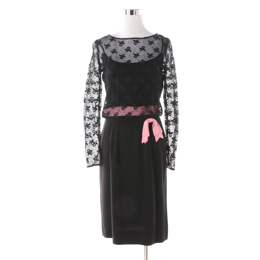 Vintage Ann Barry Jr. Black Cocktail Dress with Pink Accents