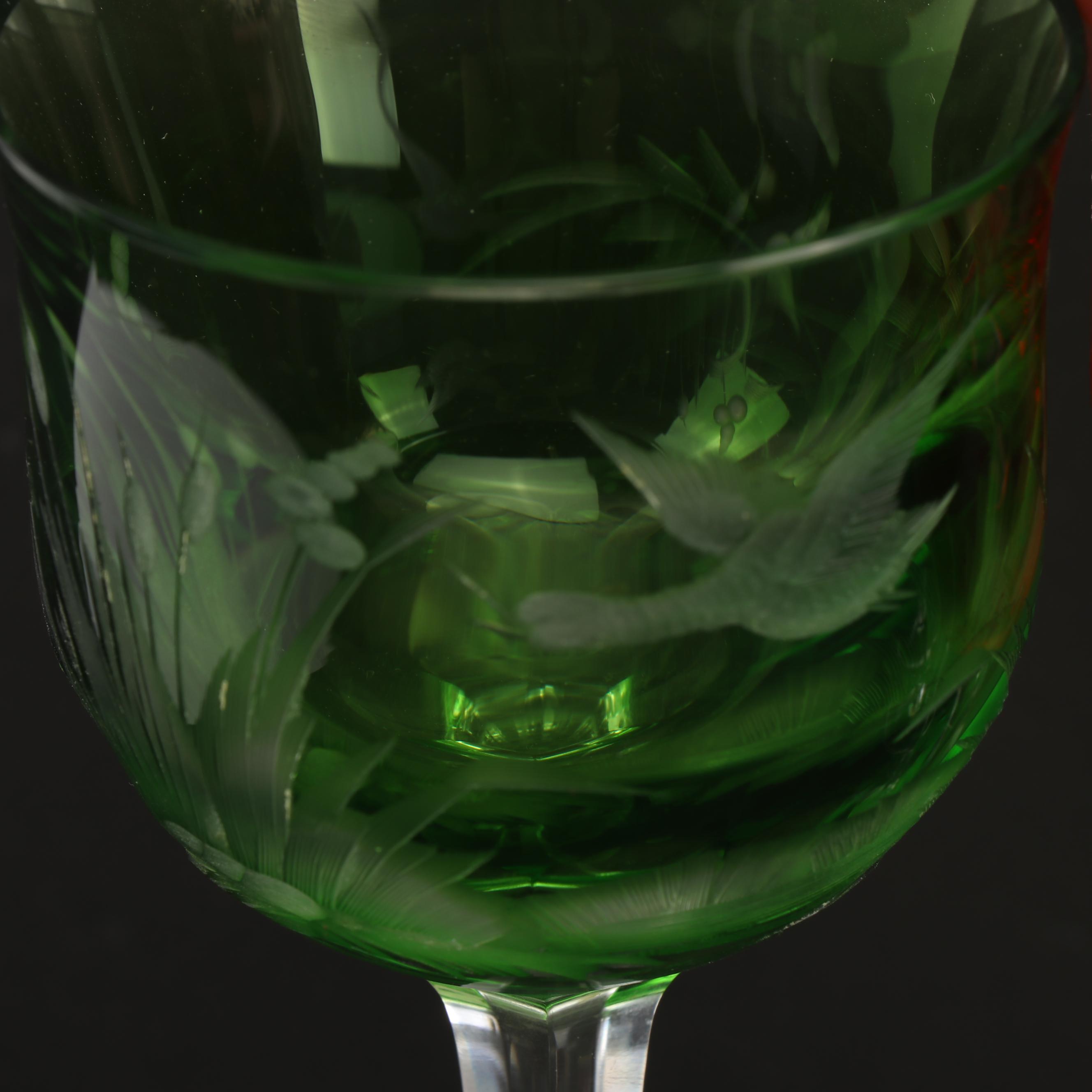 Moser "Birds of the Wild" Cased Cut to Clear Crystal Wine Hocks