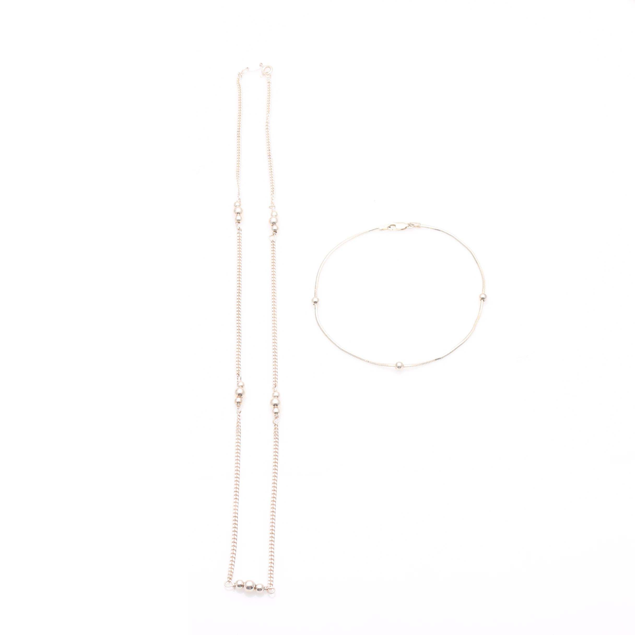 Sterling Silver Necklace and Bracelet with Bead Detail