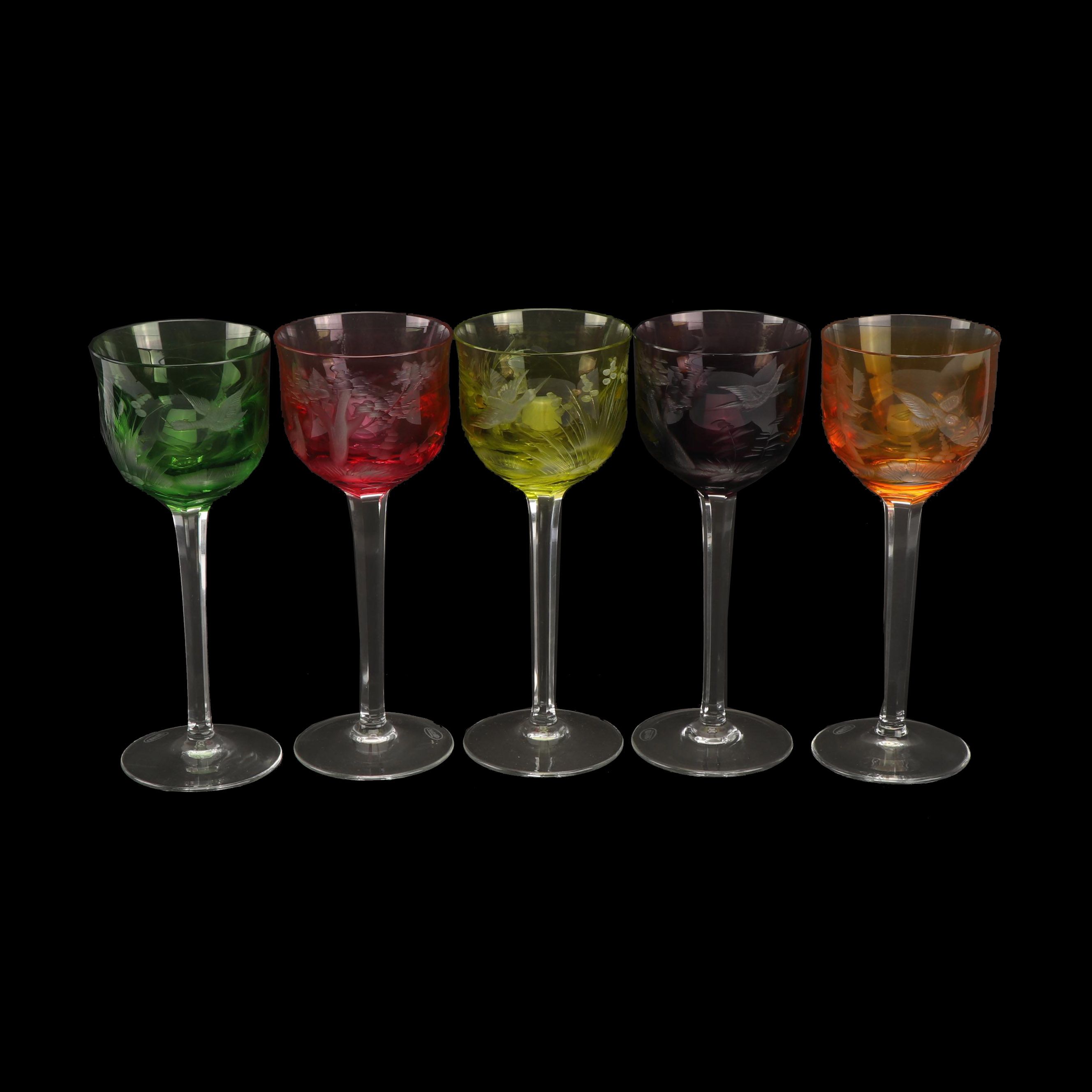 Moser "Birds of the Wild" Cased Cut to Clear Crystal Wine Hocks