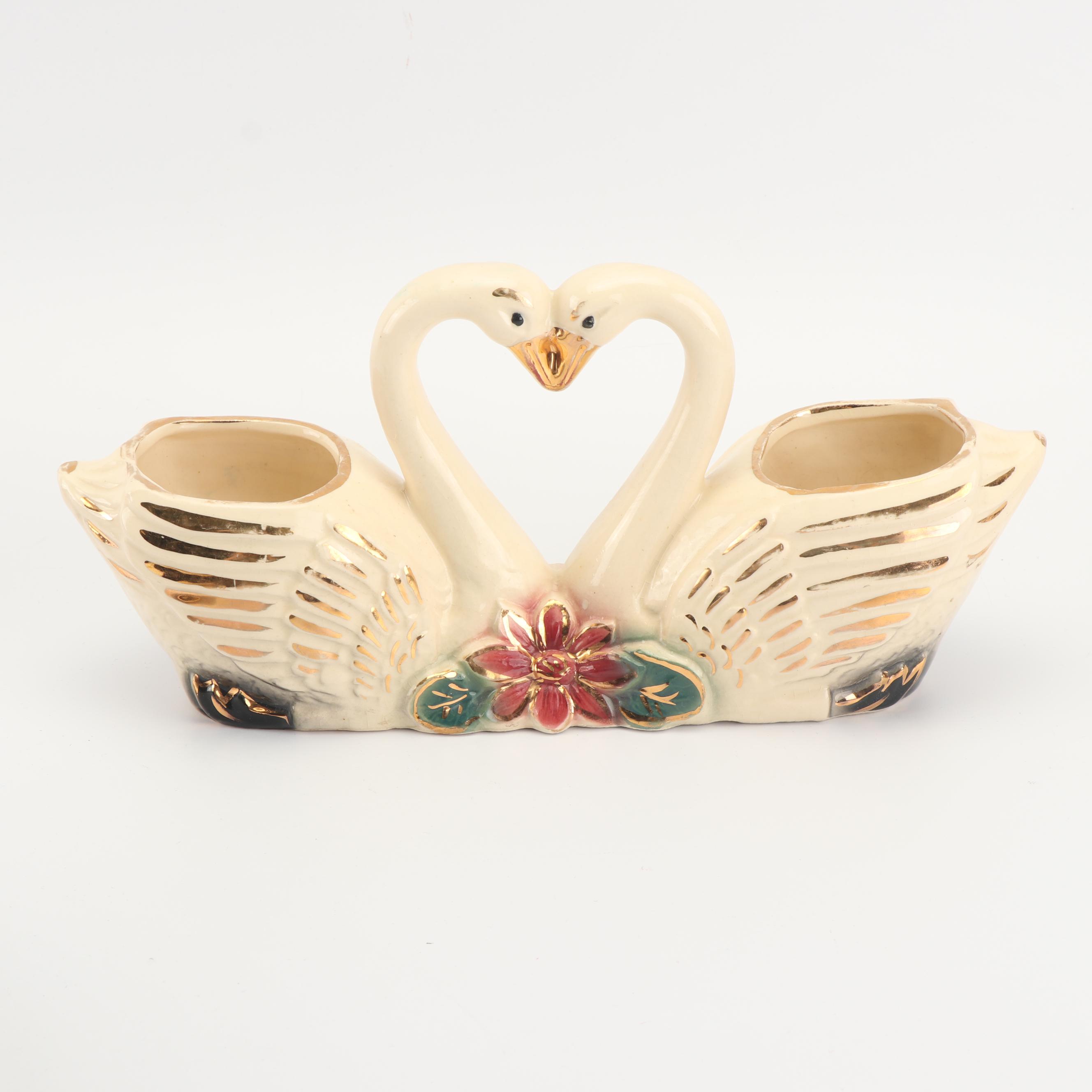Vintage Ceramic Swan Planter with Monogramed Limoges Plates