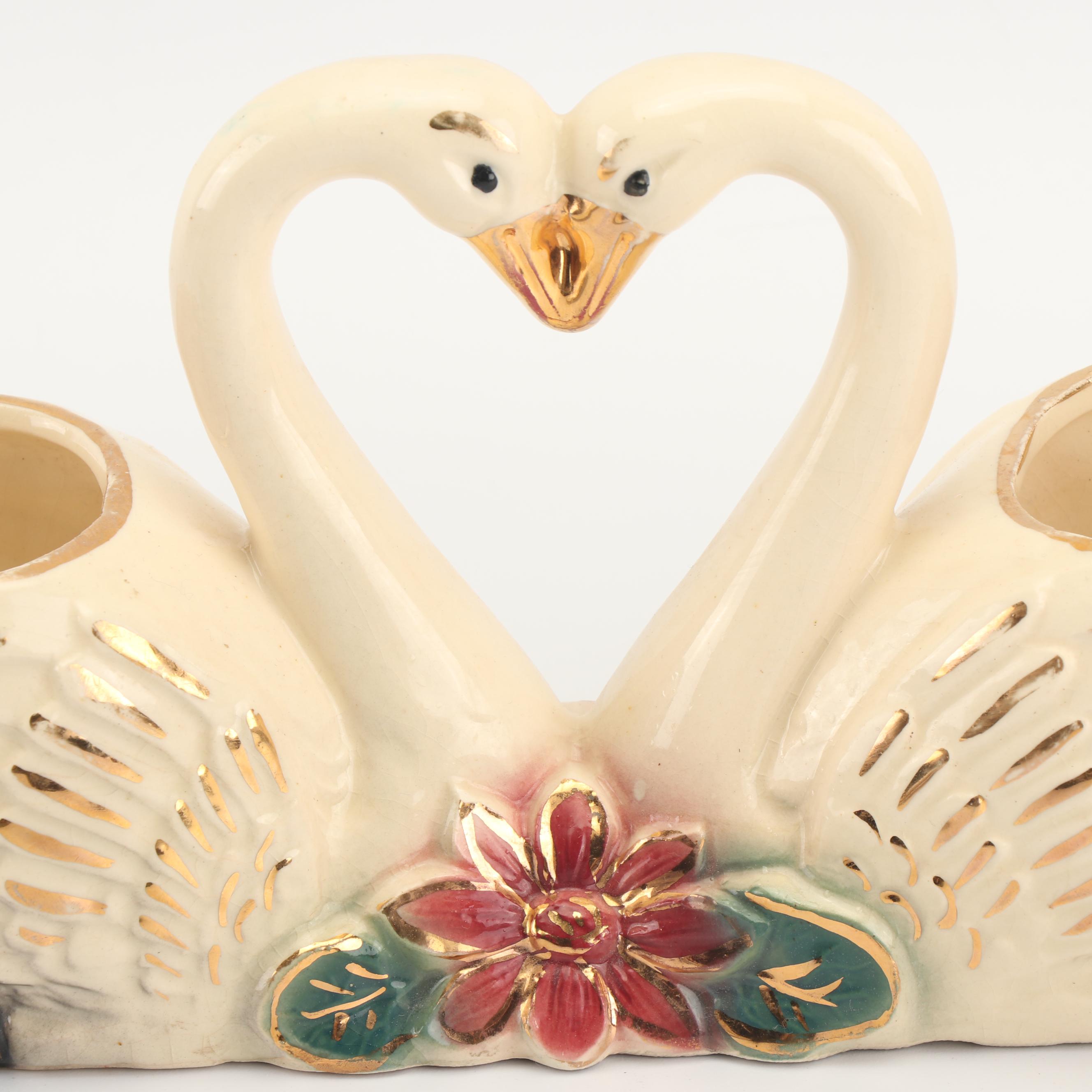Vintage Ceramic Swan Planter with Monogramed Limoges Plates