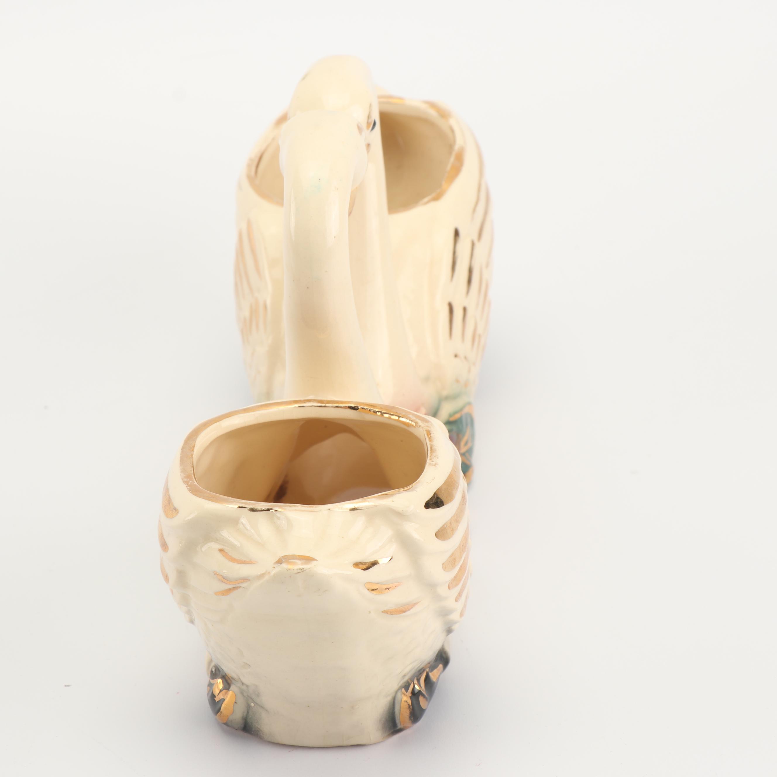 Vintage Ceramic Swan Planter with Monogramed Limoges Plates