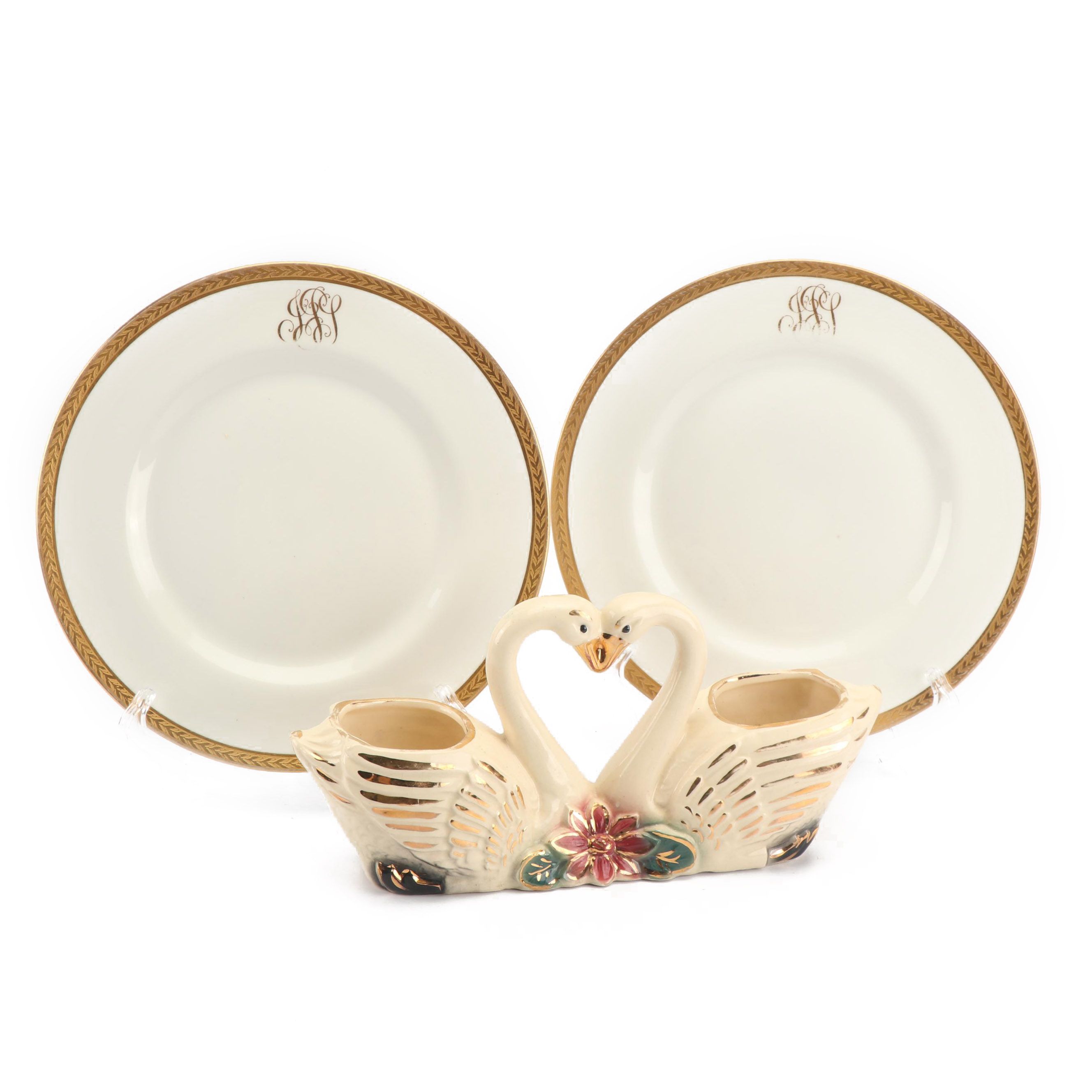 Vintage Ceramic Swan Planter with Monogramed Limoges Plates