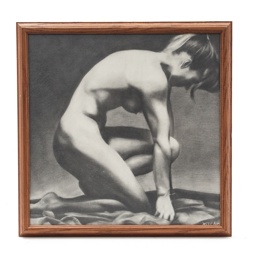 Graphite Drawing of Kneeling Female Nude