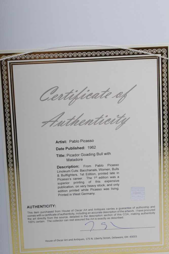 Pablo Picasso 1962 Linoleum Cut "Picador Goading Bull with Matadore"