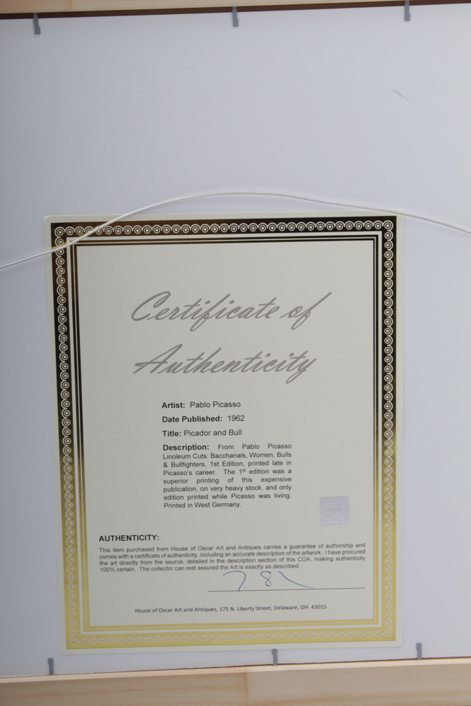 Pablo Picasso 1962 Linoleum Cut "Picador and Bull"