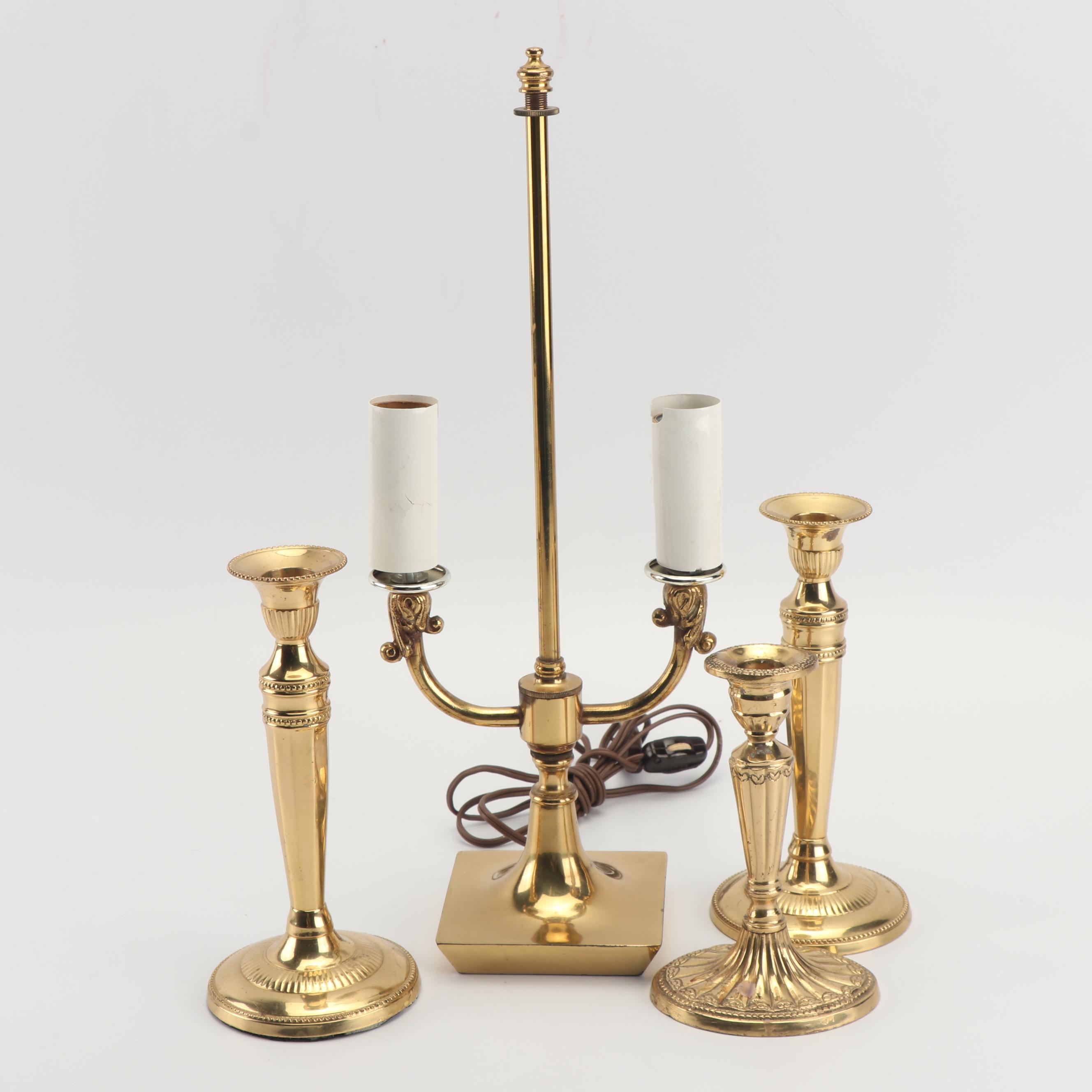 Brass Candelabra Candlestick Lamp with Brass Candleholders