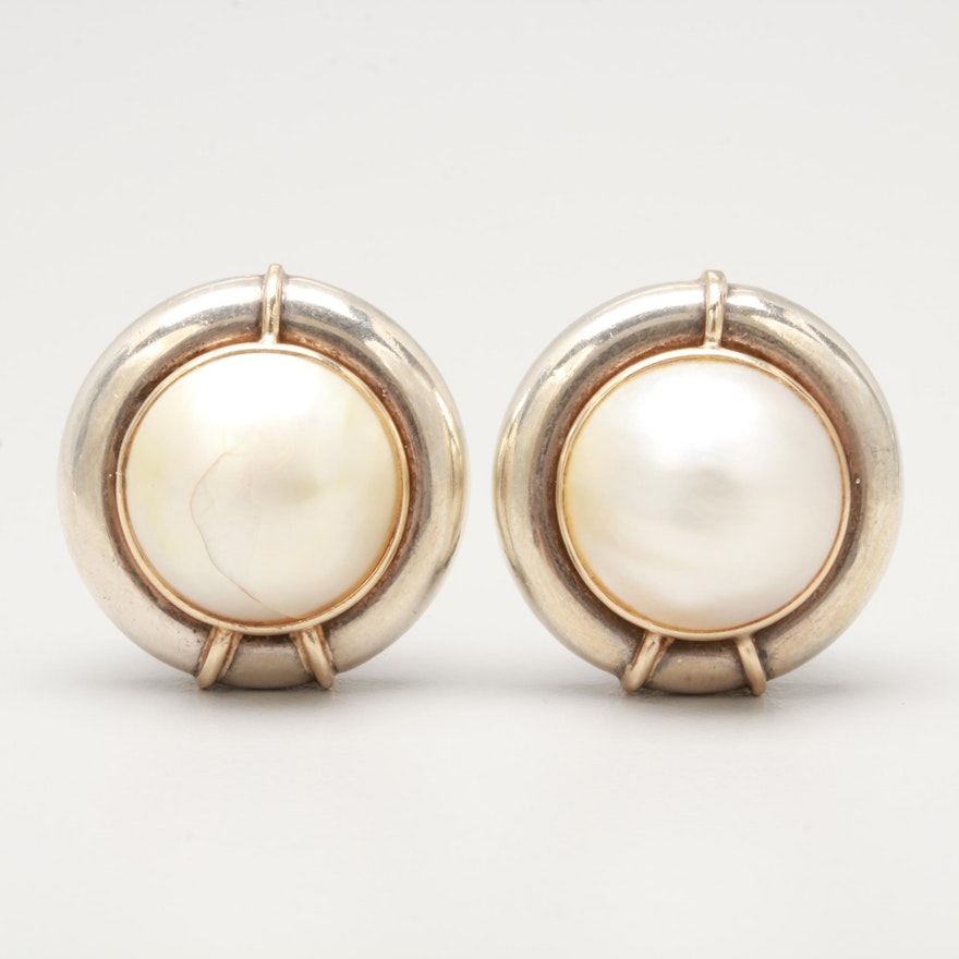 Sterling Silver Culture Pearl Earrings with 14K Yellow Gold Accents