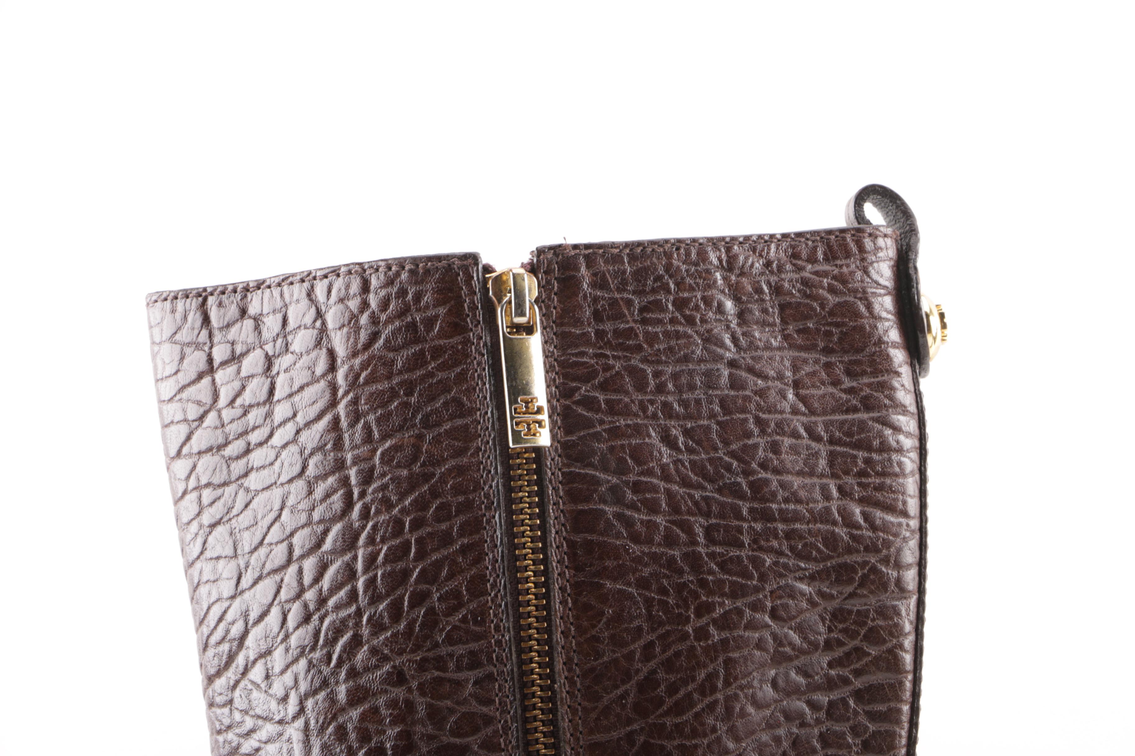 Tory Burch Brown Leather Knee-High Wedge Boots