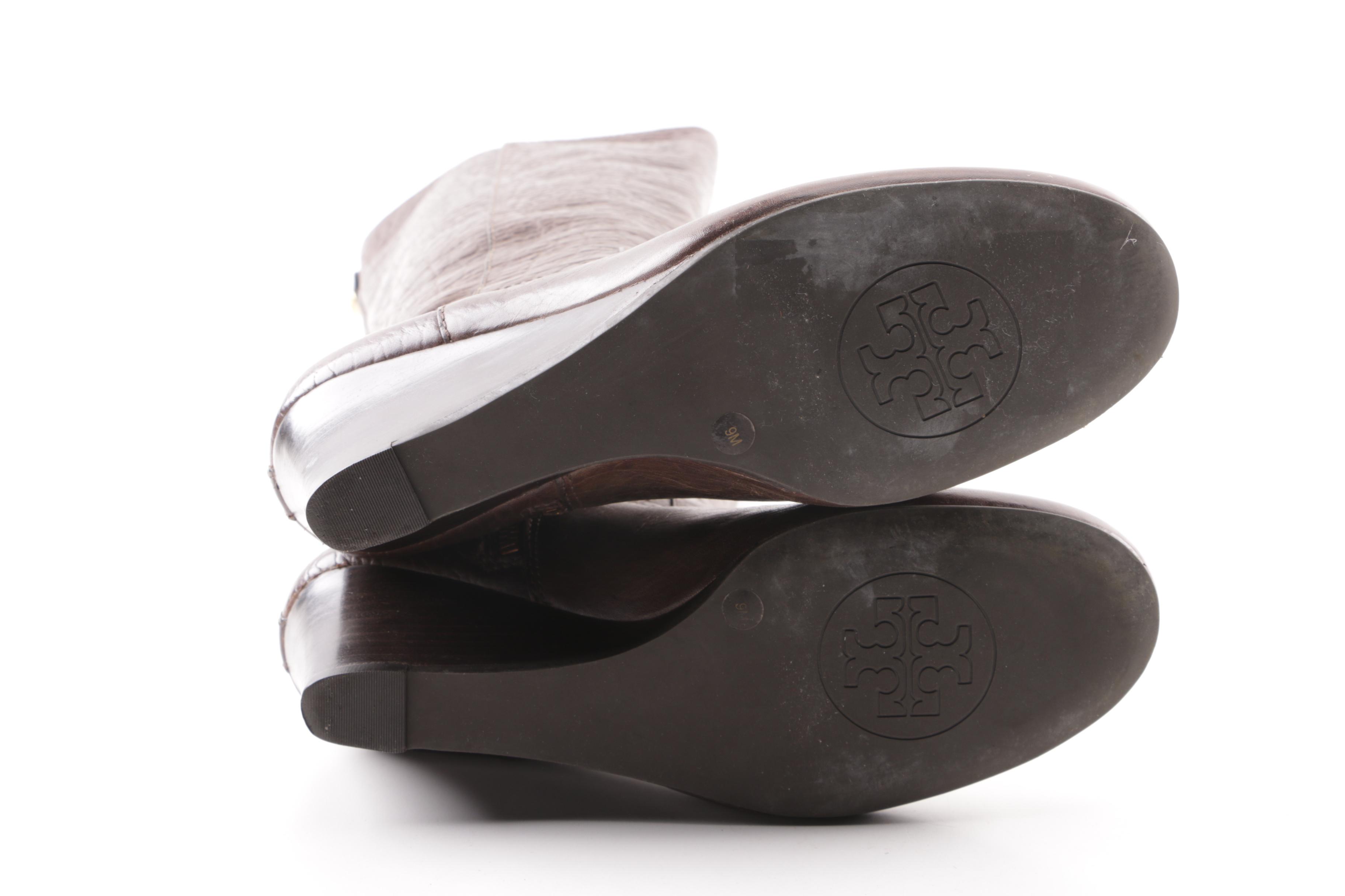 Tory Burch Brown Leather Knee-High Wedge Boots