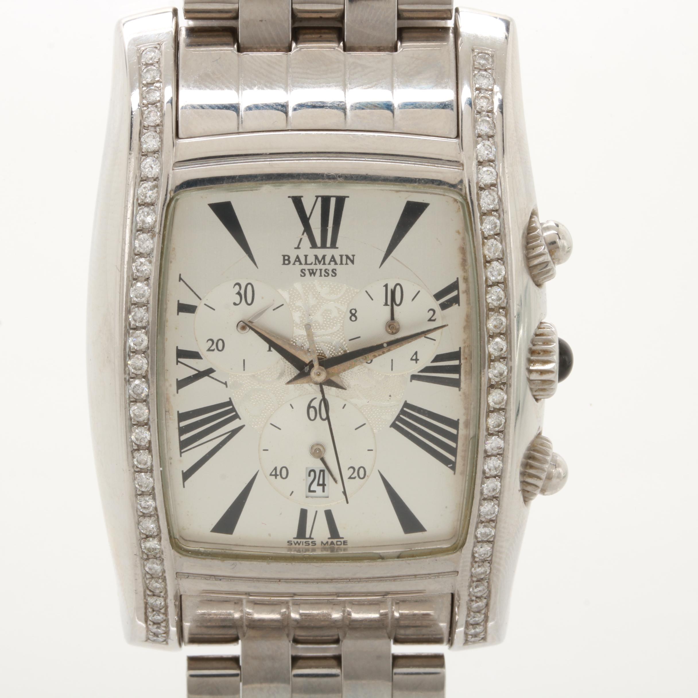 Balmain Stainless Steel Diamond Bezel Chronograph Watch with Date