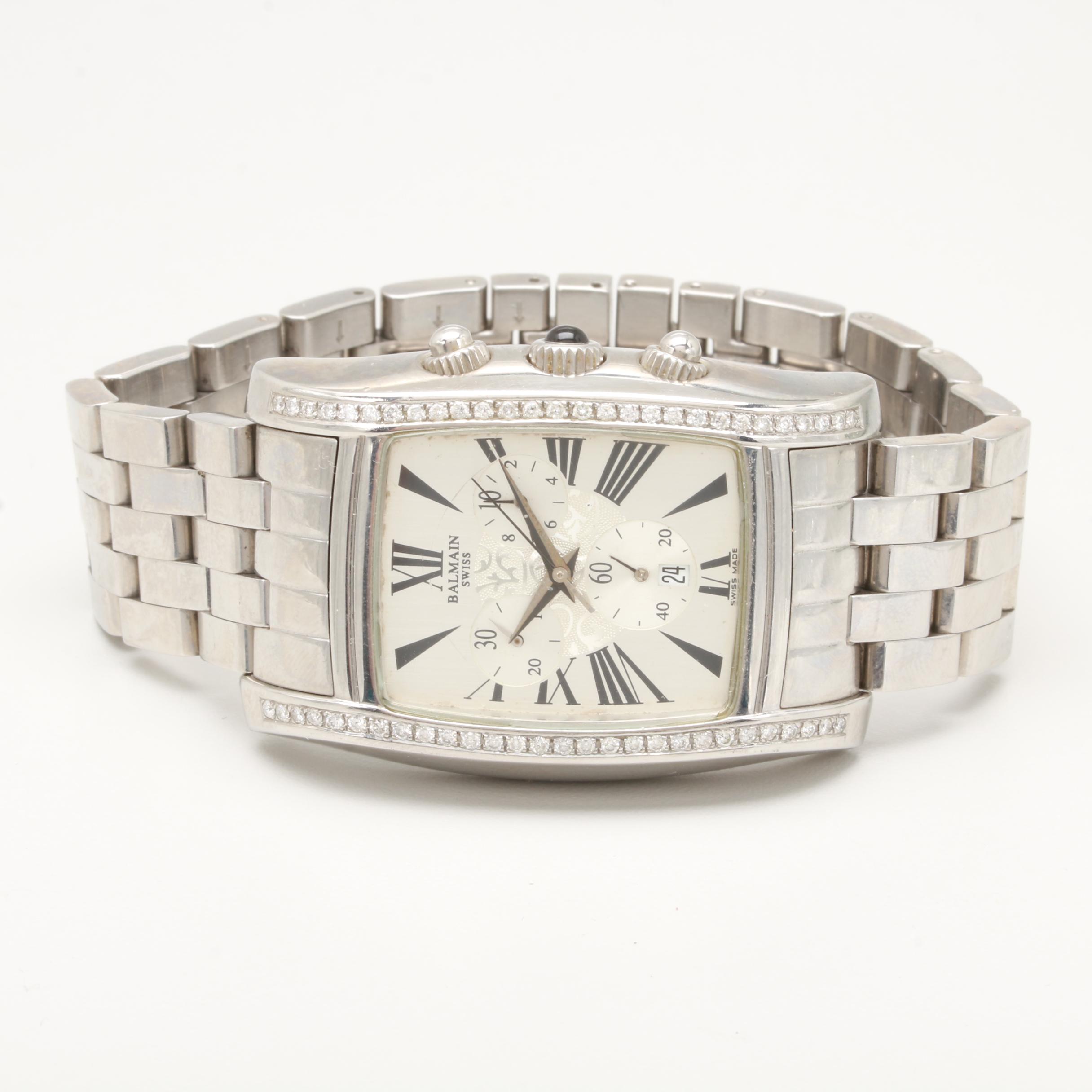 Balmain Stainless Steel Diamond Bezel Chronograph Watch with Date