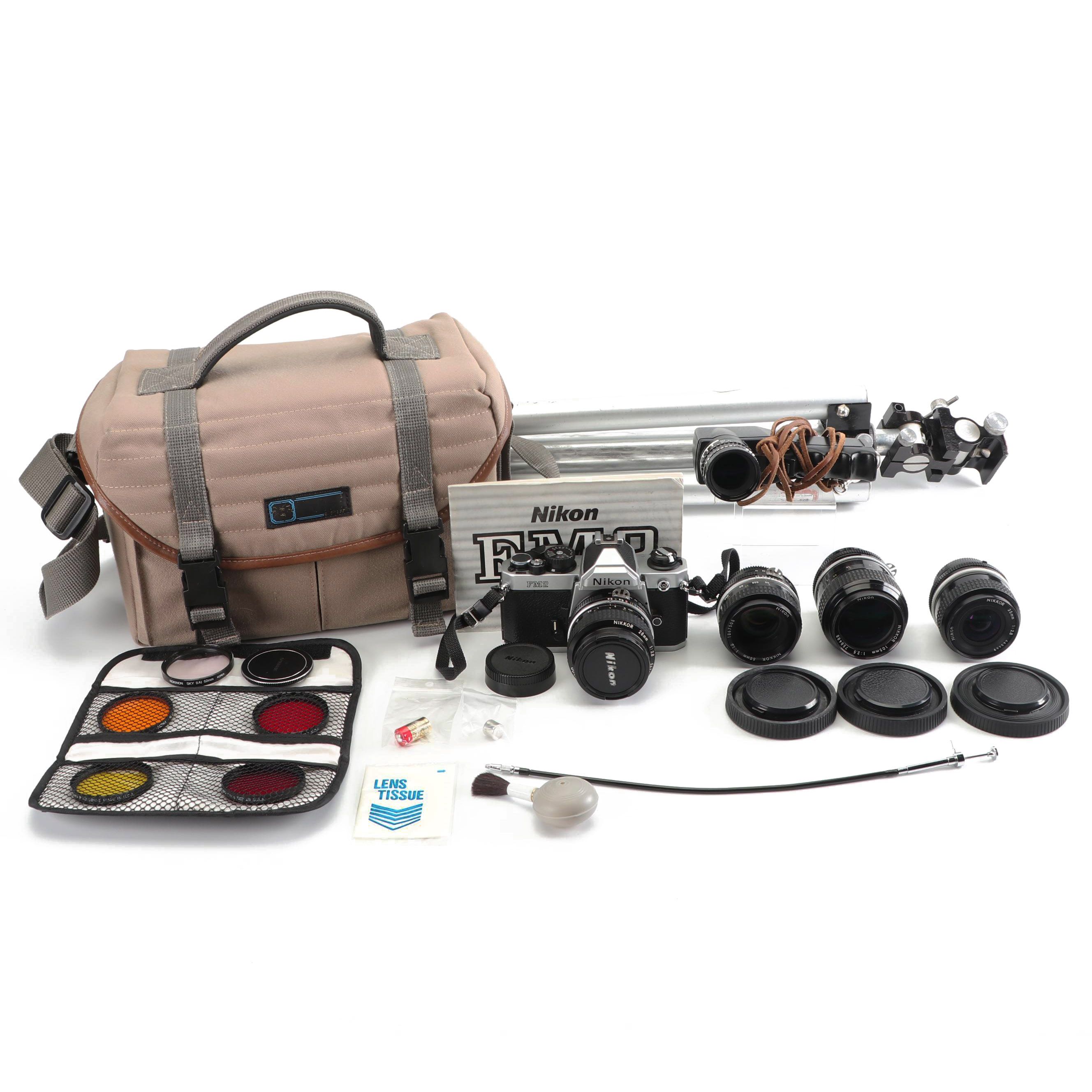 Vintage Nikon FM2 35mm SLR Camera with Bag and Accessories