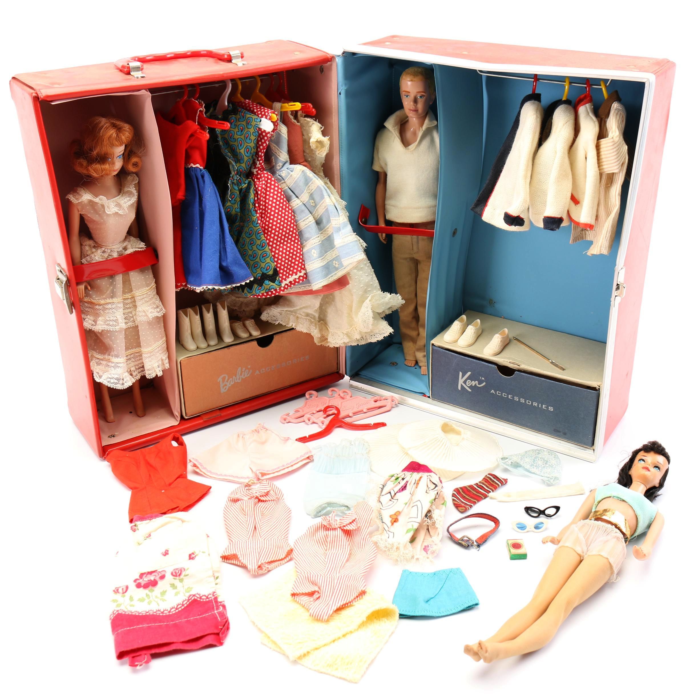 1960s Mattel "Ponytail" Barbie, Midge, and Ken Dolls with Case and Outfits