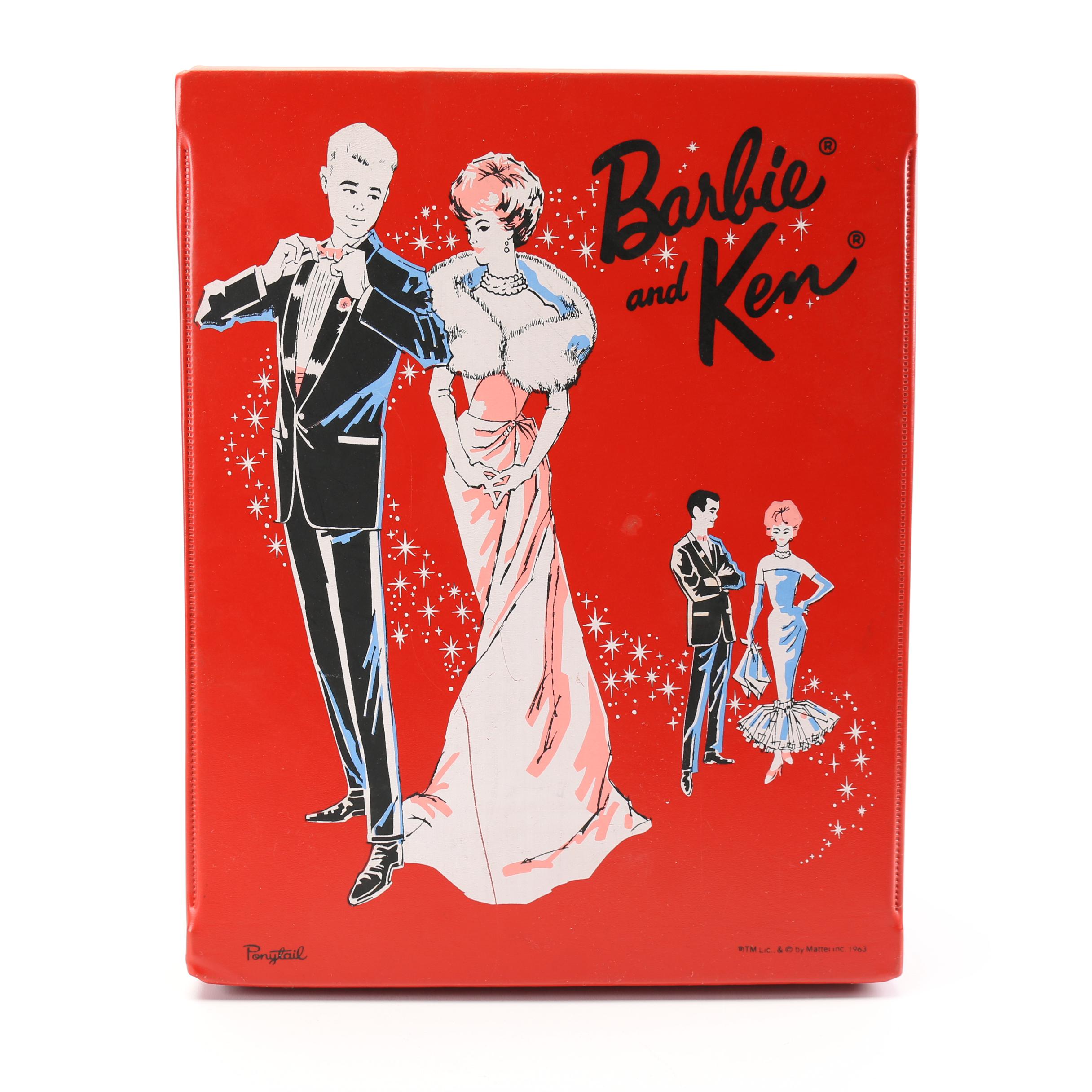 1960s Mattel "Ponytail" Barbie, Midge, and Ken Dolls with Case and Outfits
