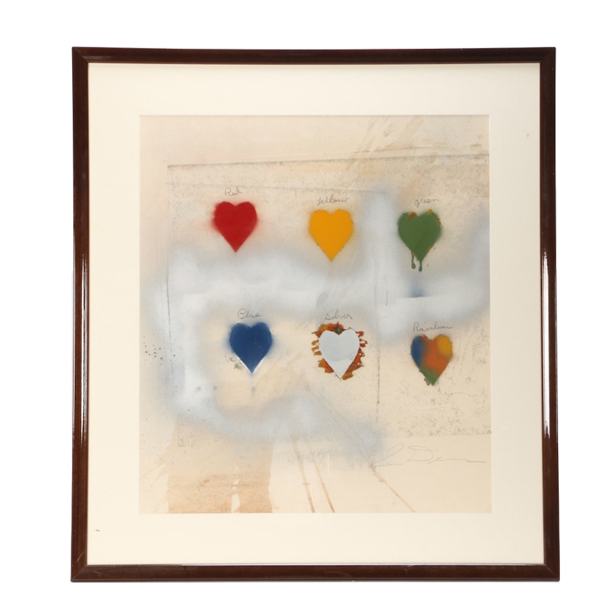 Jim Dine Limited Edition Embellished Lithograph of Hearts