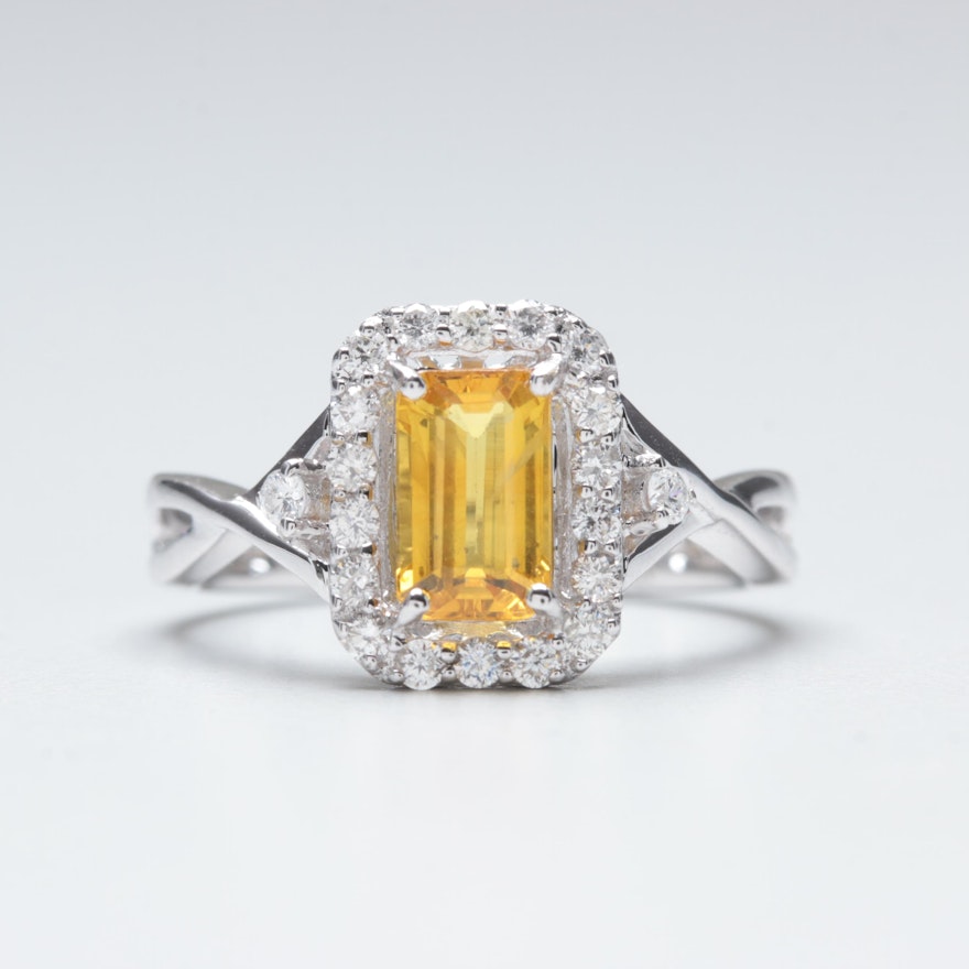 18K White Gold 1.29 CT Yellow Sapphire and Diamond Ring