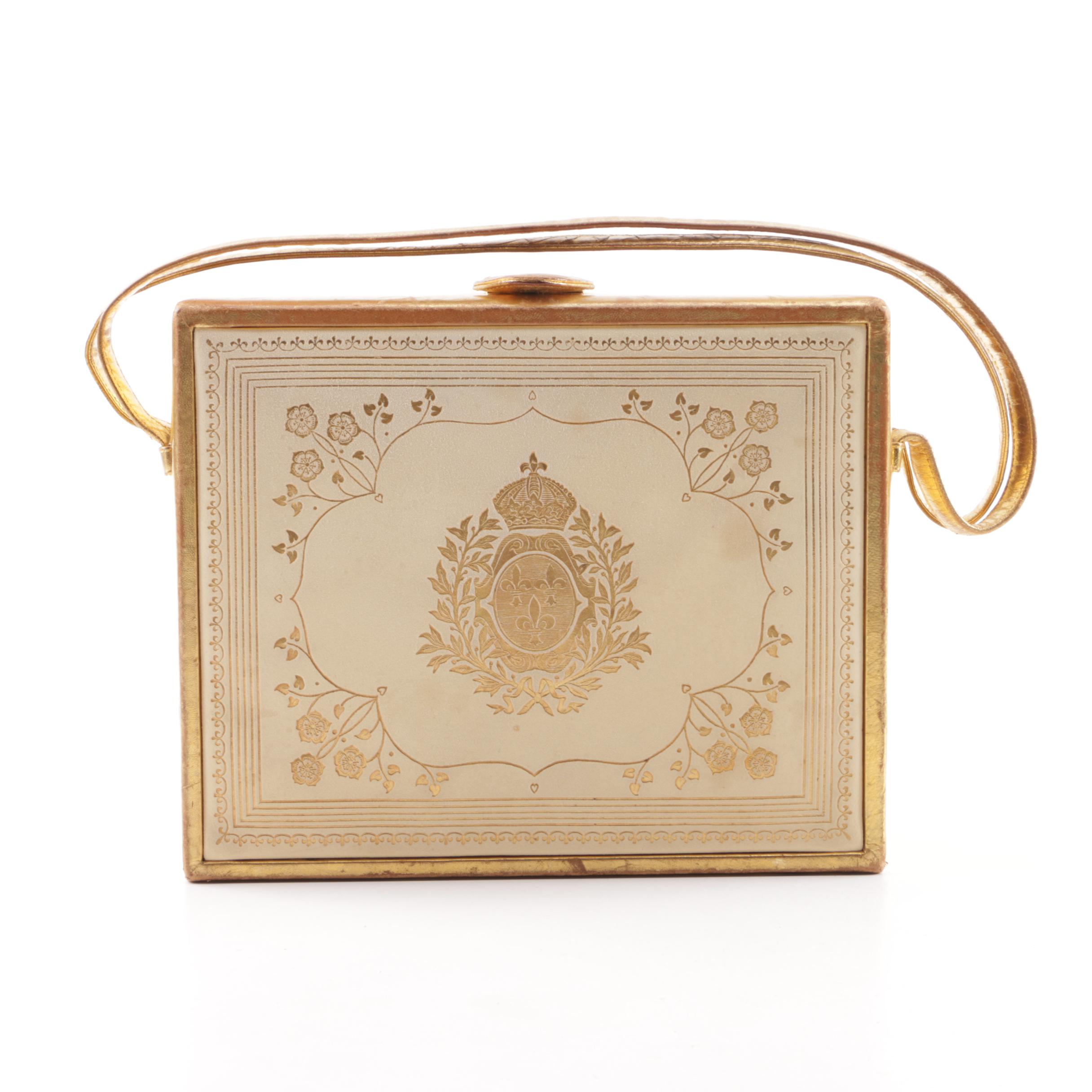 Vintage Deutz Metallic Gold and Ivory-Colored Leather Box Purse