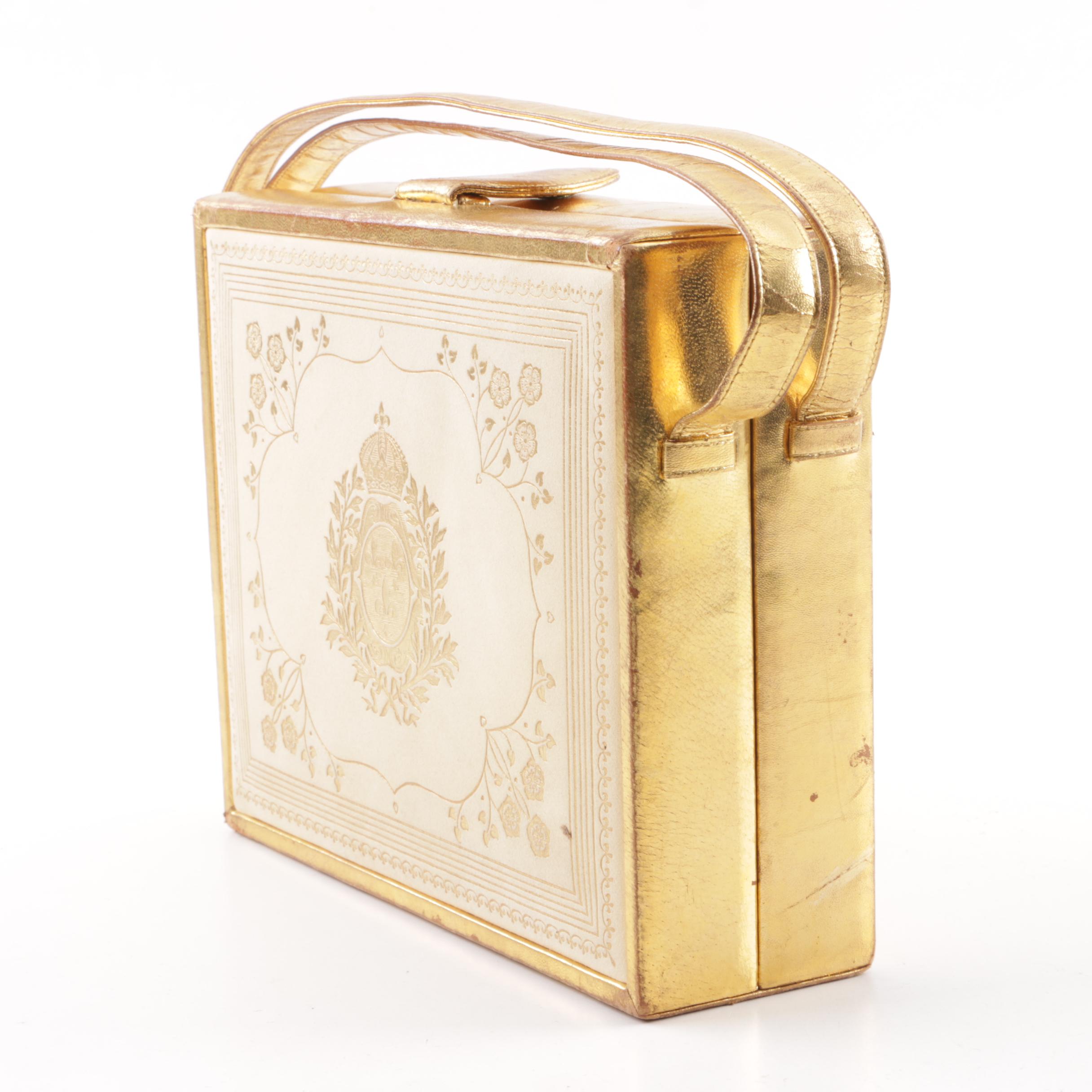 Vintage Deutz Metallic Gold and Ivory-Colored Leather Box Purse