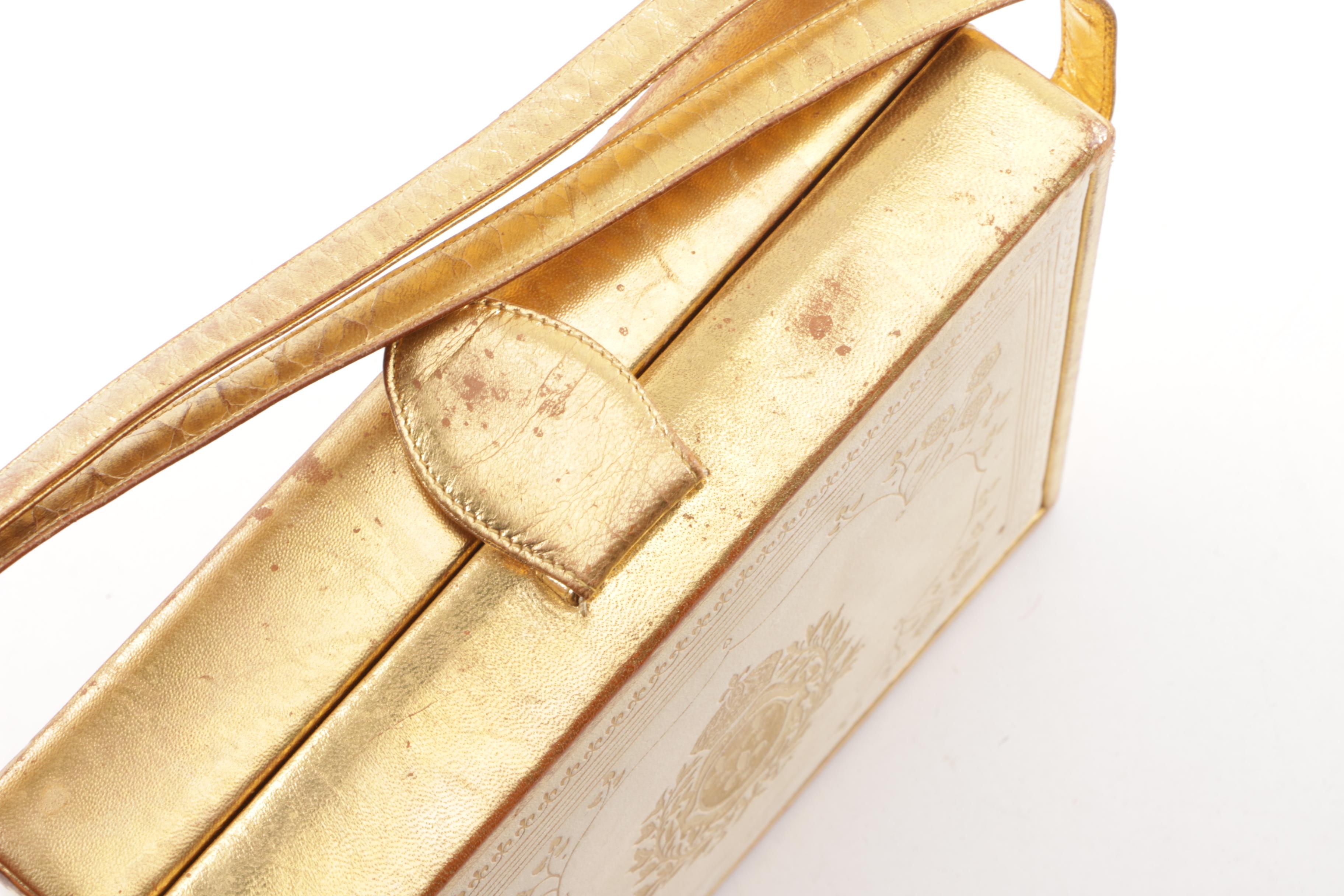 Vintage Deutz Metallic Gold and Ivory-Colored Leather Box Purse