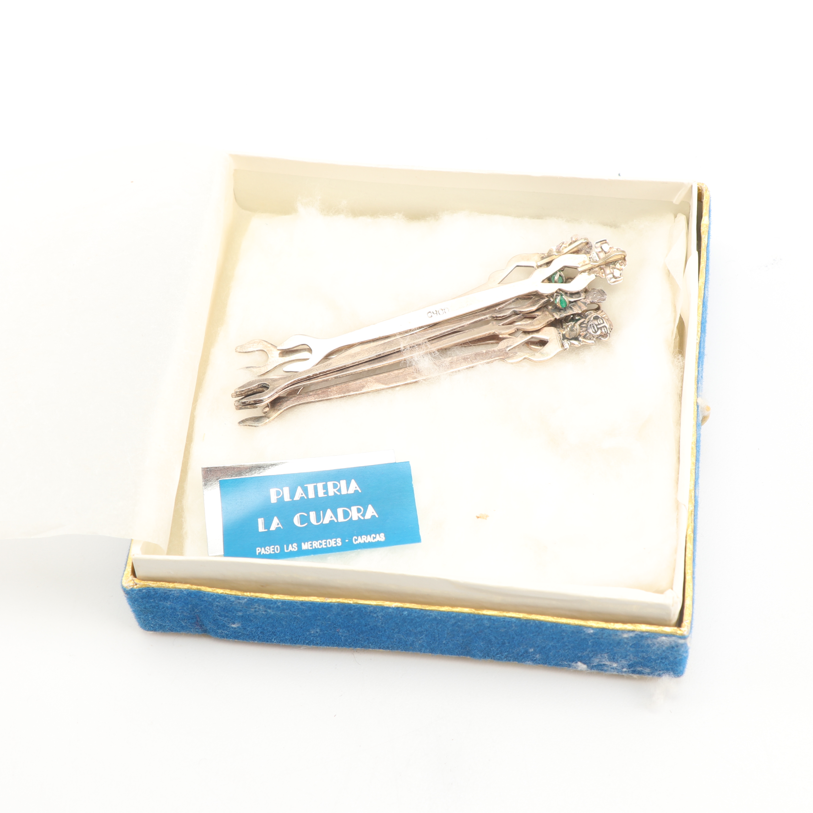 Venezuelan 900 Silver and Genuine Emerald Inca Style Cocktail Fork Set