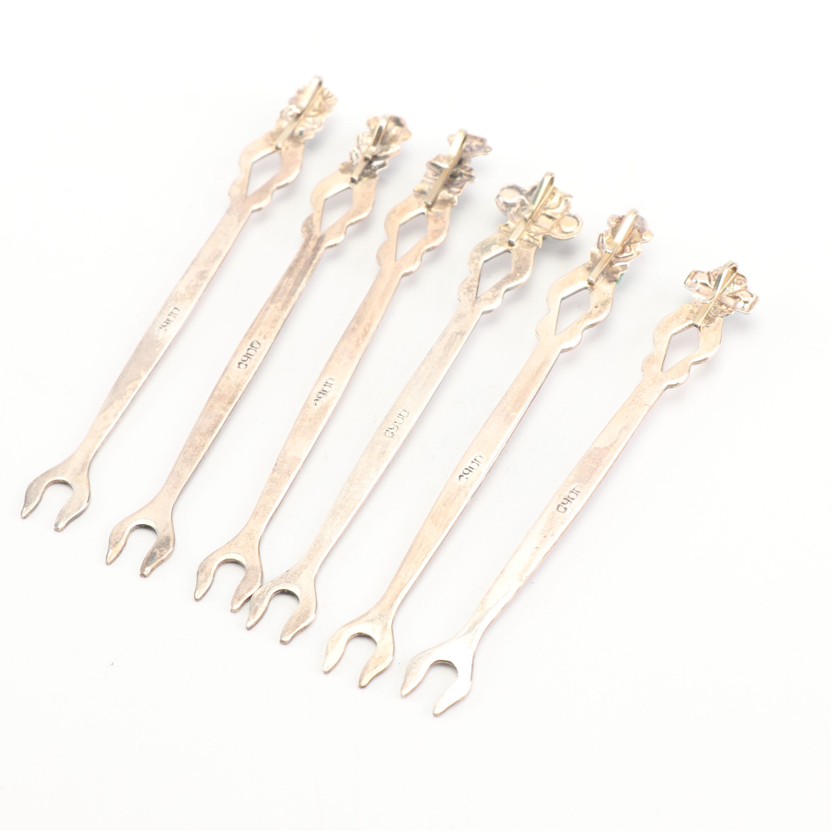 Venezuelan 900 Silver and Genuine Emerald Inca Style Cocktail Fork Set