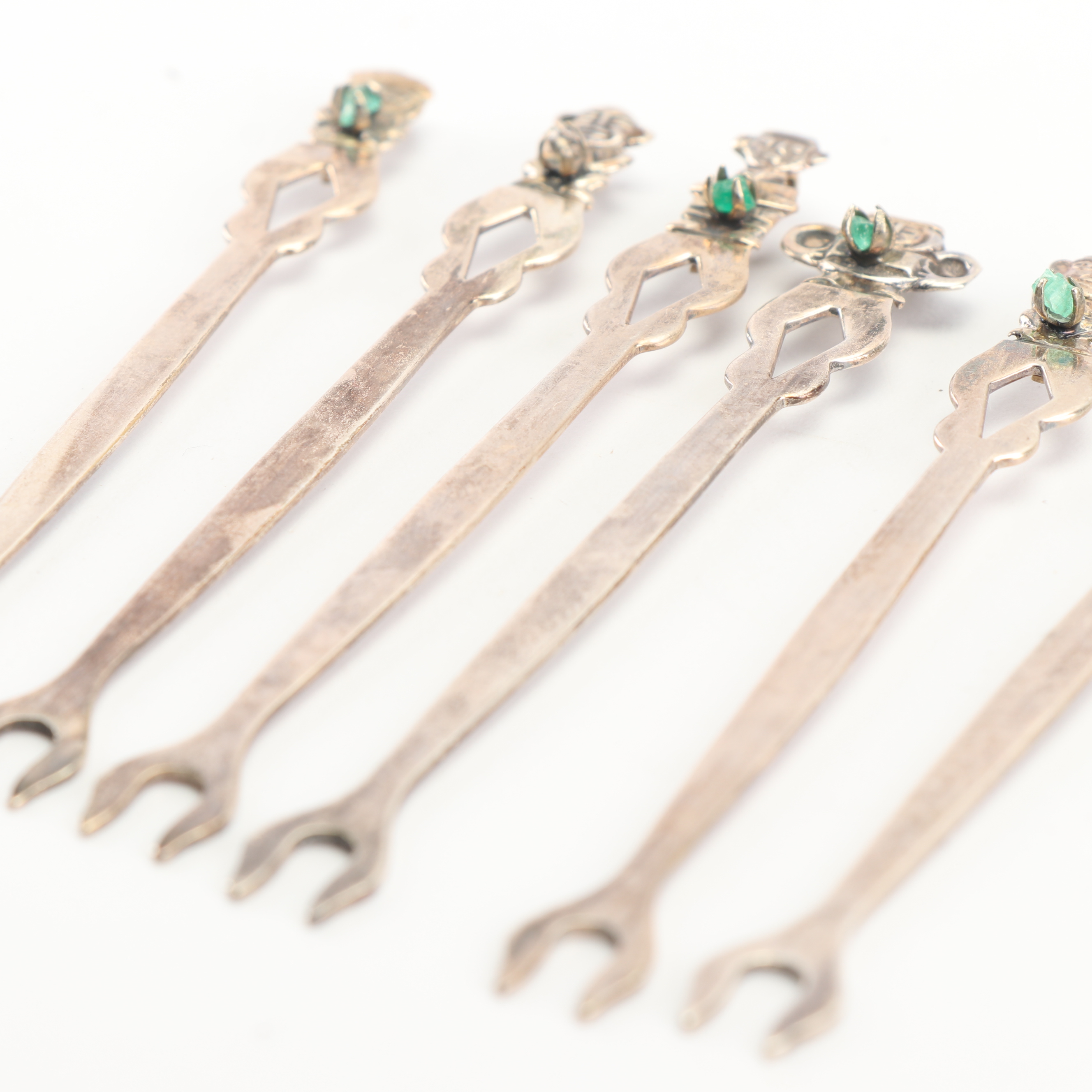 Venezuelan 900 Silver and Genuine Emerald Inca Style Cocktail Fork Set