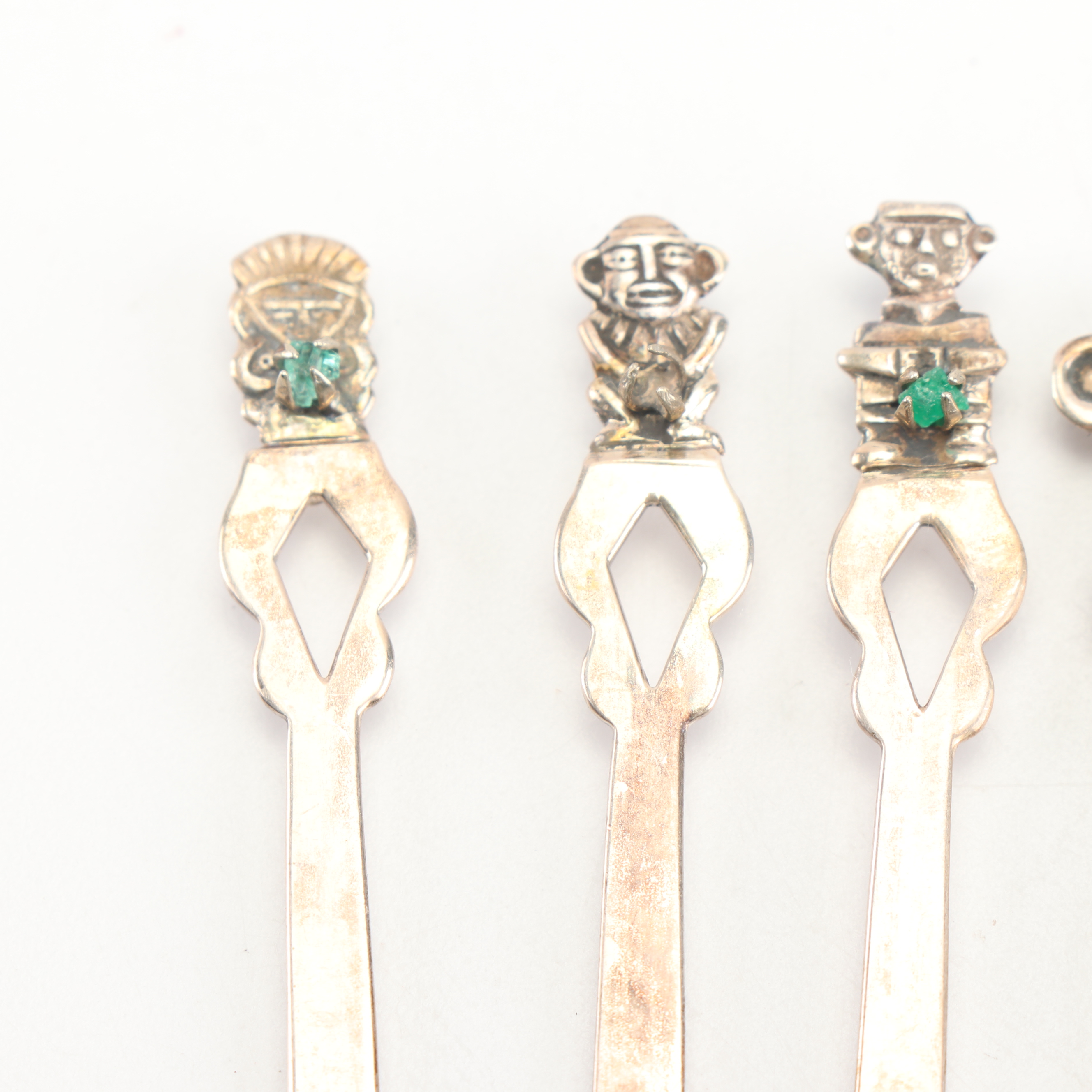 Venezuelan 900 Silver and Genuine Emerald Inca Style Cocktail Fork Set