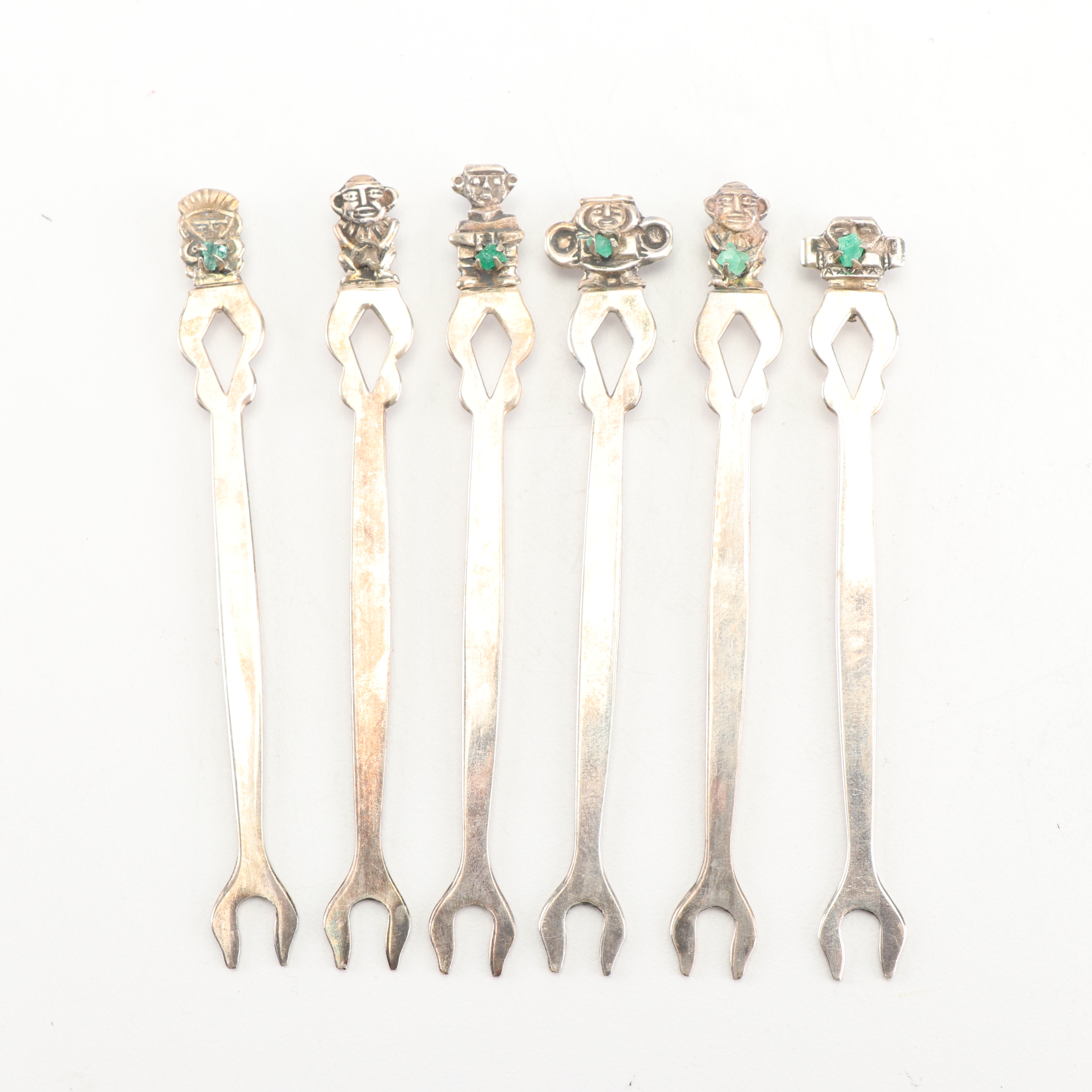 Venezuelan 900 Silver and Genuine Emerald Inca Style Cocktail Fork Set