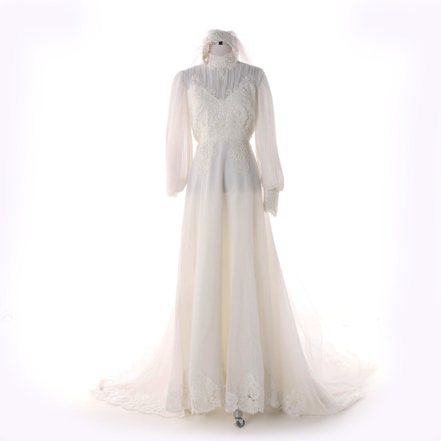 Floral Soutache and Faux Pearl Wedding Gown with Chapel-Length Veil