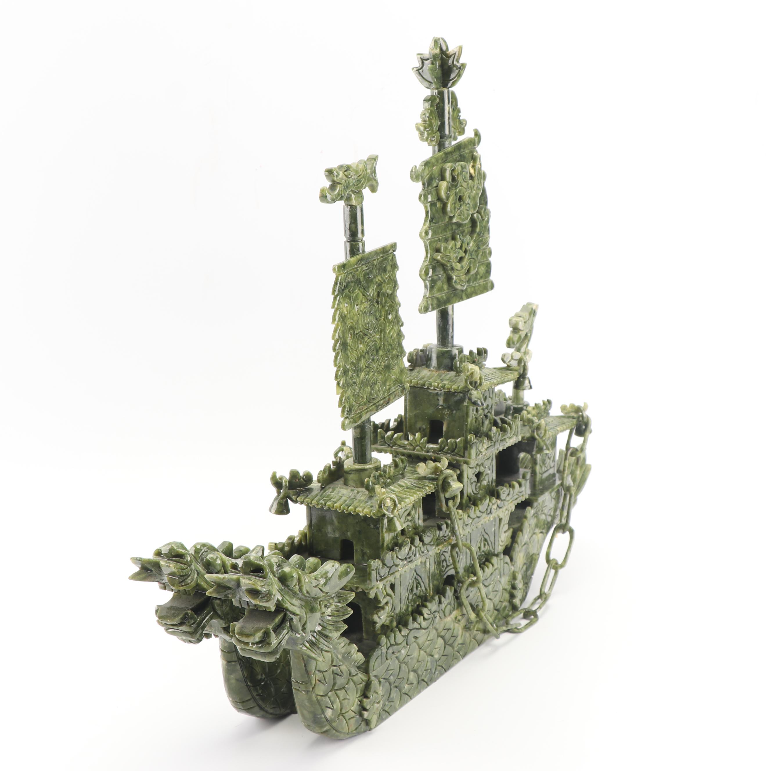 East Asian Style Carved Serpentine Ship