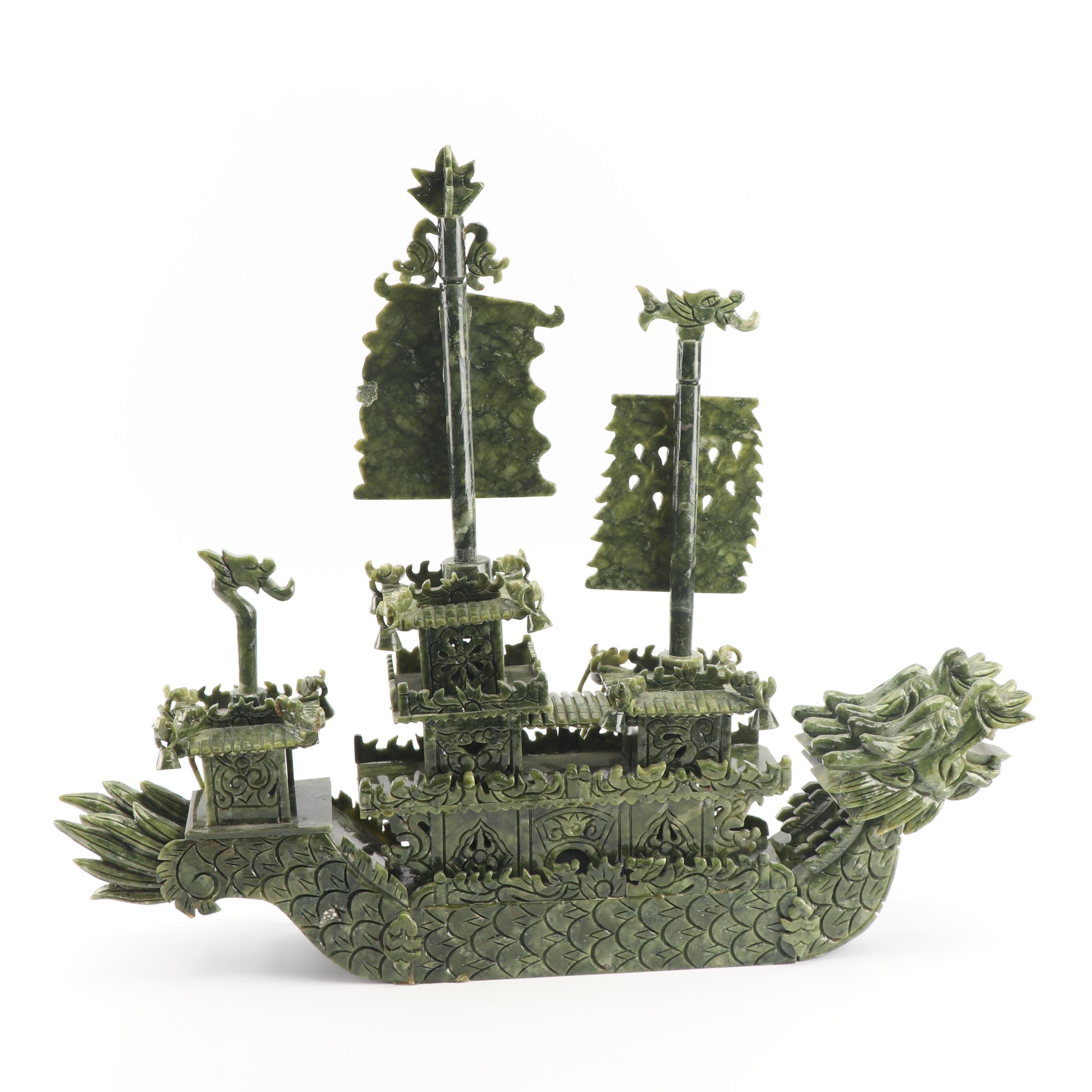 East Asian Style Carved Serpentine Ship