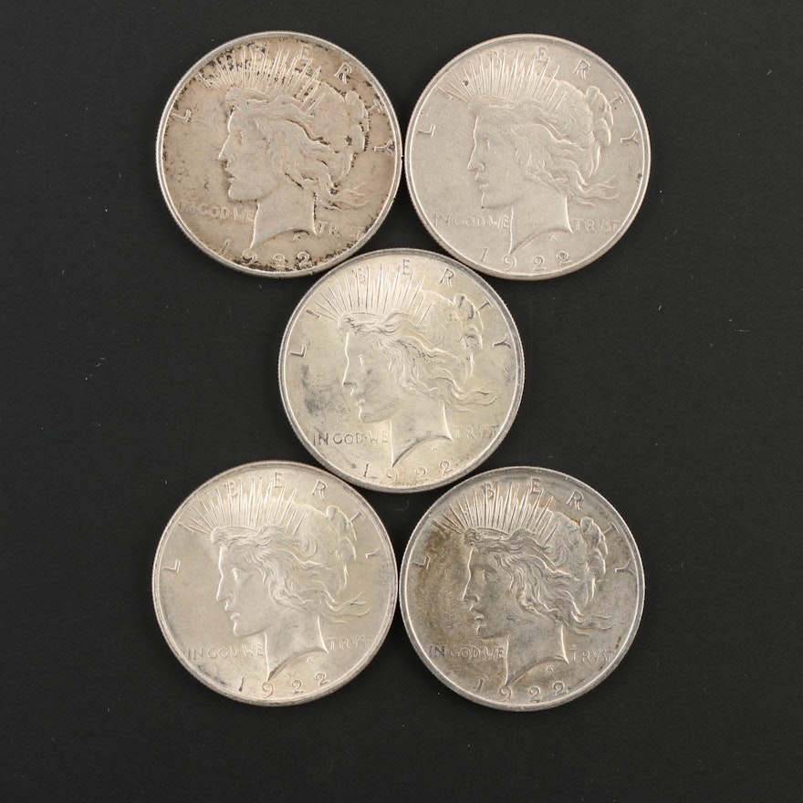 Five 1922 Peace Silver Dollars