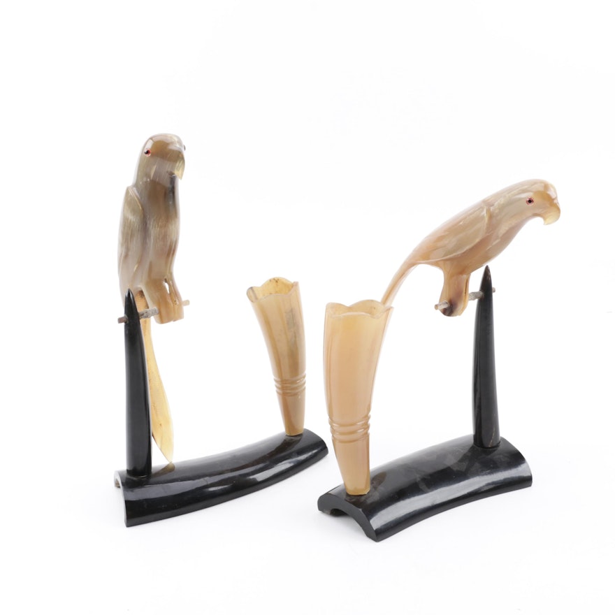 Carved Horn Parrot Figurines with Bud Vases