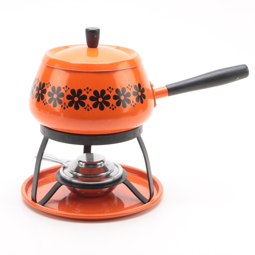 Vintage Orange Fondue Pot with Chafing Stand