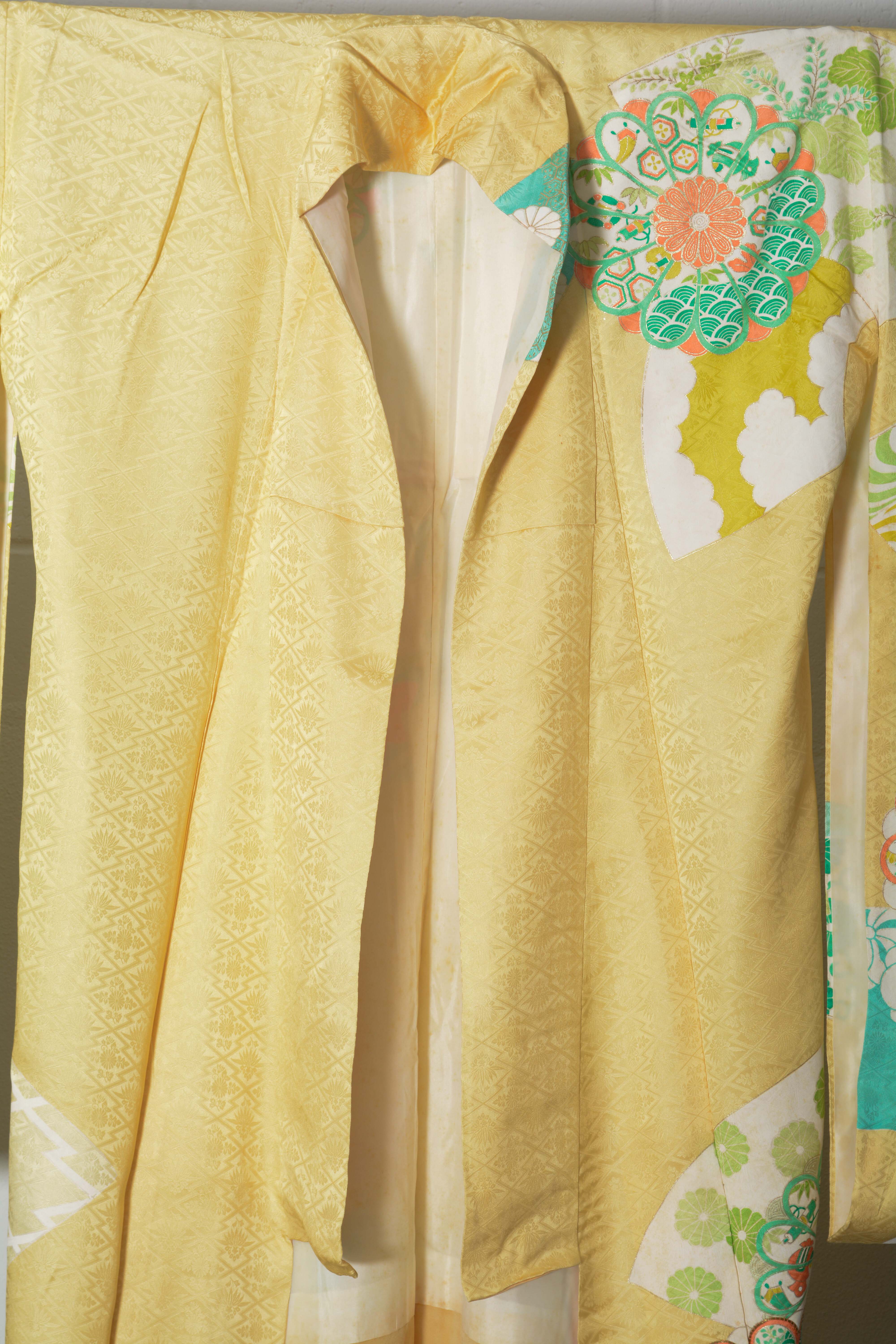 Circa 1940s Vintage Japanese Handwoven Silk Damask Furisode Kimono